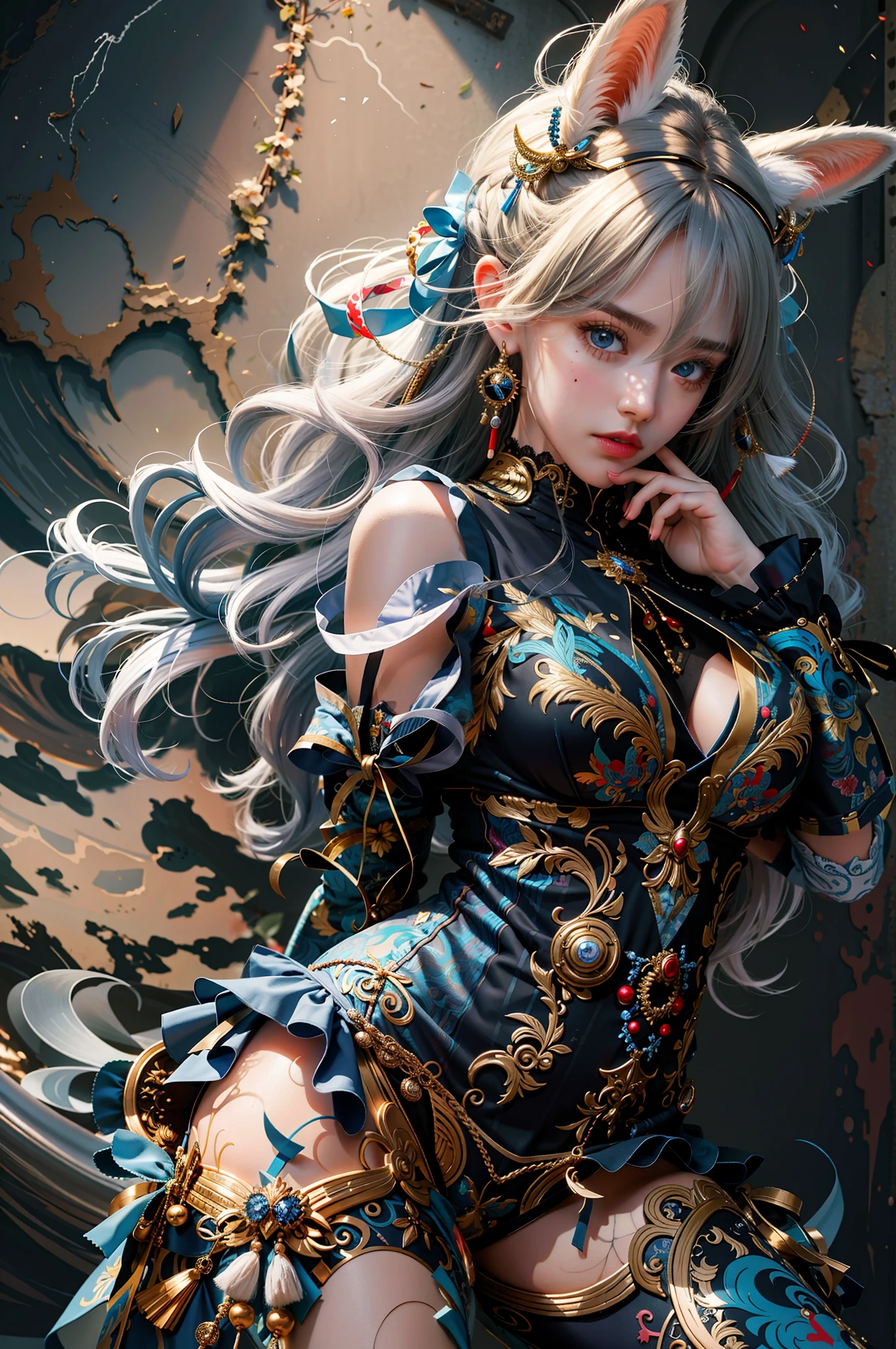 (hyperrealistic), (illustration), (high resolution), (8K), (extremely detailed), (best illustration), (beautiful detailed eyes), (best quality), (ultra-detailed), (masterpiece), (wallpaper), (detailed face), solo 1 girl, white wavy hair, korean, heterochromic eyes, small moles under the eyes, loose white shirt, yoga pants, big breasts, long legs, tight abs, camel toes, dynamic pose
