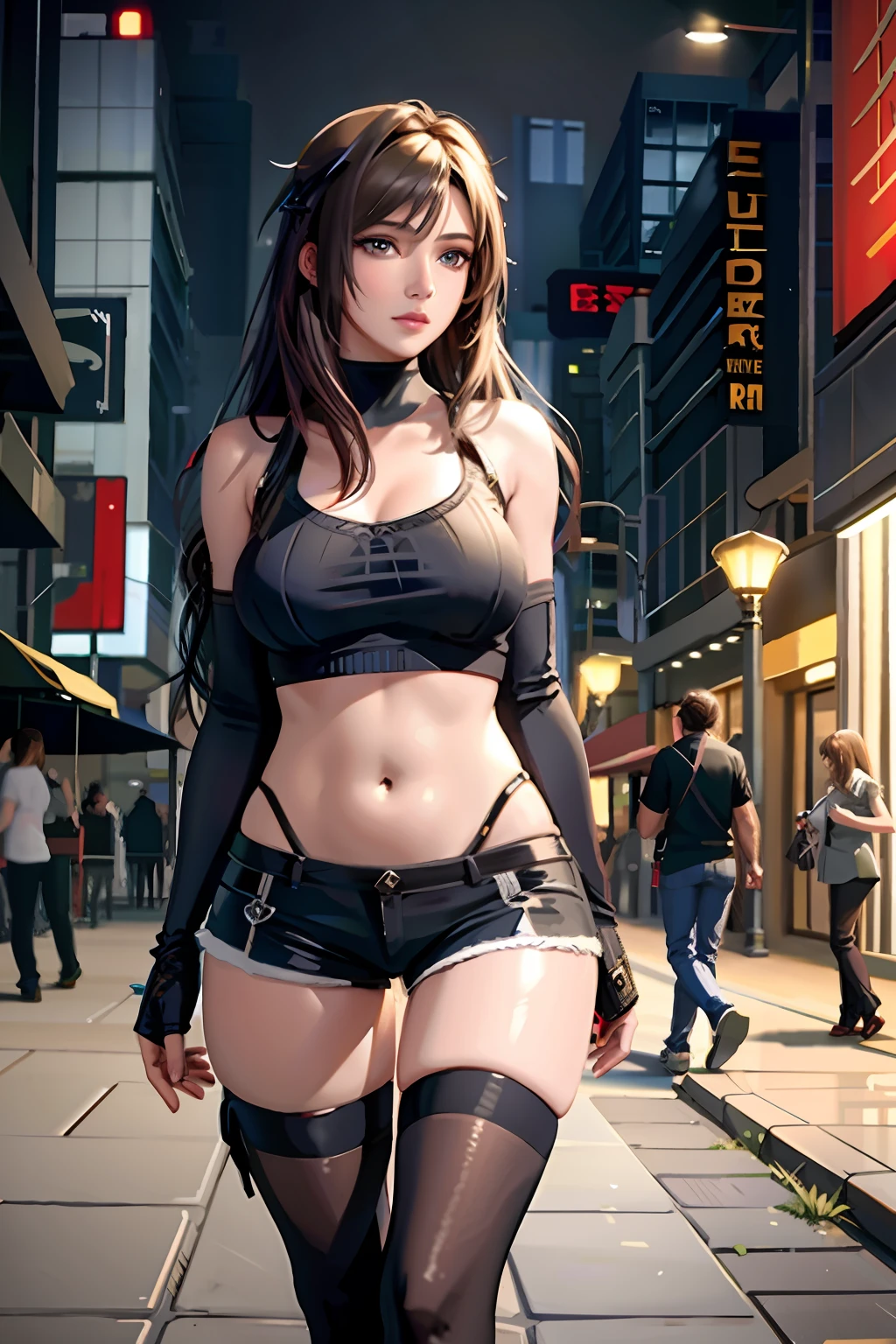 (((Detailed beautiful woman, realistic-looking 2D:1.3))),
(((Top quality, highest image quality, Unreal Engine:1.3))),
(Beautiful woman, well-detailed face, light brown medium hair, authentic skin texture, moist skin texture, medium breasts, cleavage: 1.5)),
((large t-shirt, shorts, thin tights, heels)),
((night, building area, evening, walking)),
Walking, smug face, looking away, thigh to head,
(fine color, fine contrast: 1.2),