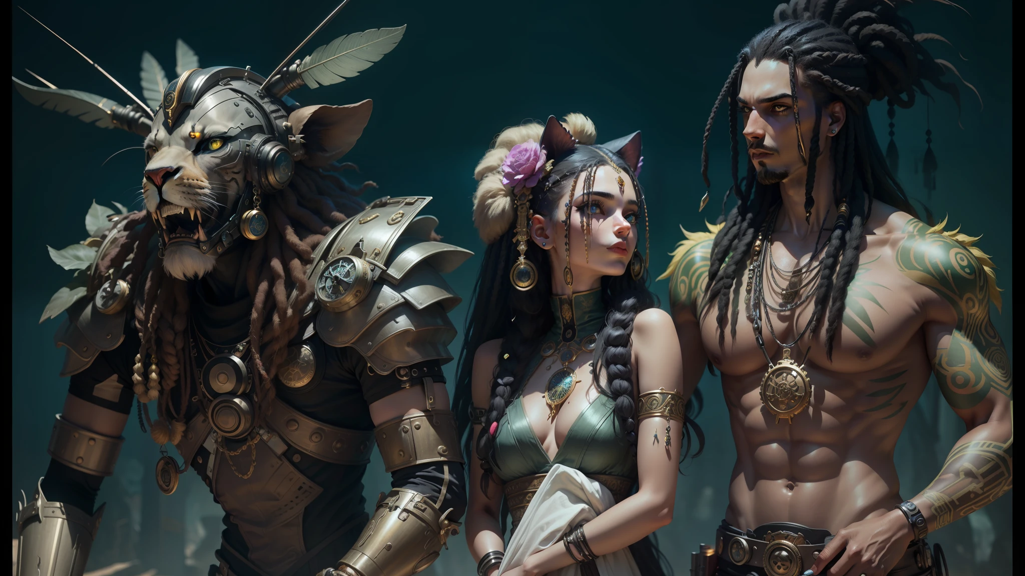an android, a woman and a man, dressed as animals and lions, beautiful fantasy art portrait, cybernetic dreadlocks, symmetry, photography of three ravers, tribal jewelry, various refinement techniques, steampunk cat, inspired by Kamāl ud-Dīn Behzād , award-winning color photo, Gnosticism , 5 0 0 px templates --auto --s2
