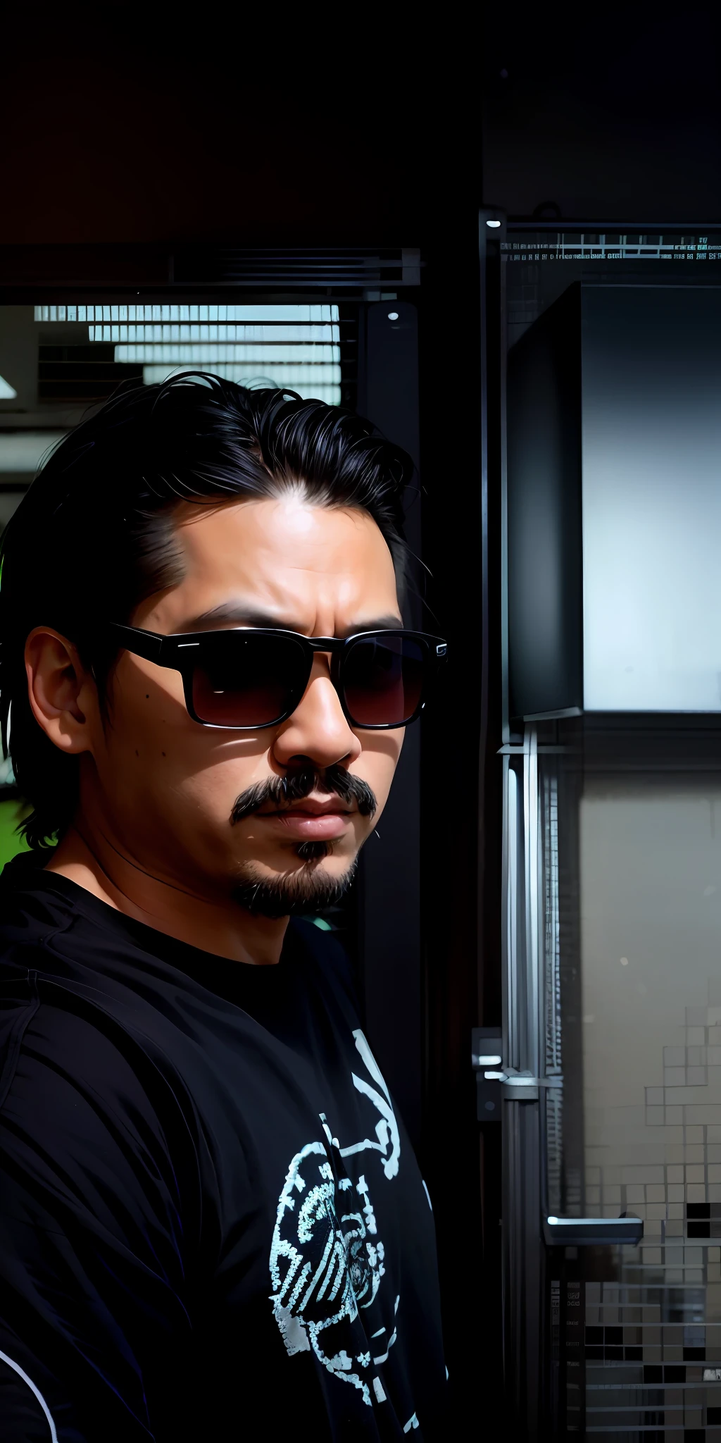 There is a man wearing sunglasses and a black shirt, Sharp, 8k, Soft Lighting Professional lighting, in Kar Wai Wong's style, wearing sunglasses, phong shadows, blurred images, blur and glitches, Ramil Sunga, 2 7 years old, avatar profile picture with mustache, low quality photo, pixel huh, Facebook profile picture, 2 8 years old muscle lines