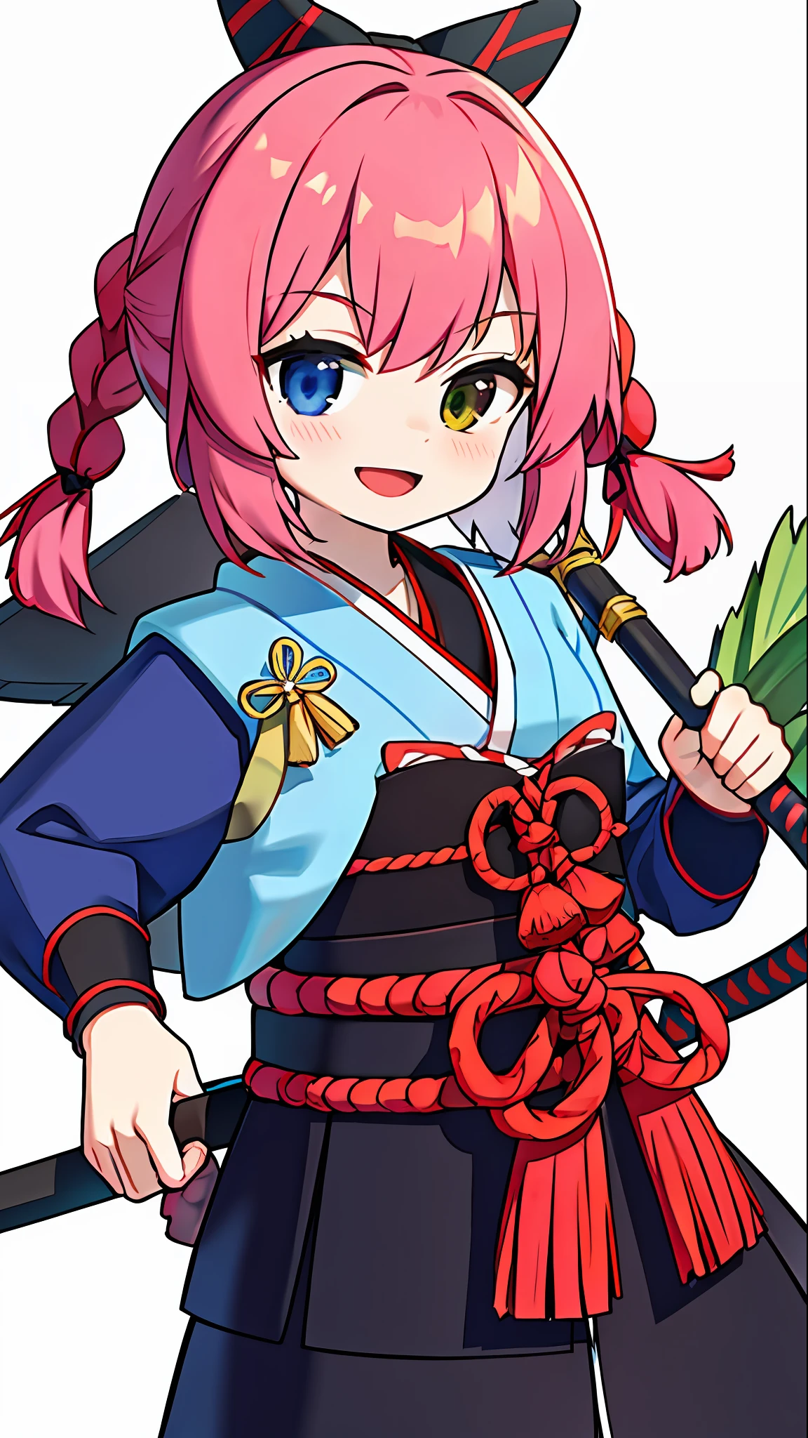 (heterochromia, light blue eyes and light green eyes: 1.8), "Kyoto Animation" style anime illustrations, top quality, (cute: 1.1), (cute), (high resolution: 1.2), incredibly ridiculous: 1.3, incredibly detailed illustrations, Japan, Sengoku period, solo, girl, helmet, japanese mascot, bow ashigaru, japanese warrior, from sengoku period, inspired by Tōshūsai Sharaku, samurai outfi, "Oda Nobunaga" style samurai, pink hair, braid, (kawaii: 1.5), loli, kyoto, honnoji, front, angle from below, nio standing, full body, cute girl, solo, standing figure, sword held in right hand , :d, masterpiece, top quality, absurdity, high resolution, official art, (cute: 1.8), (((chibi character: 1.5)), (pink braid, cute hair ribbon), serious face, big, show-off, background white