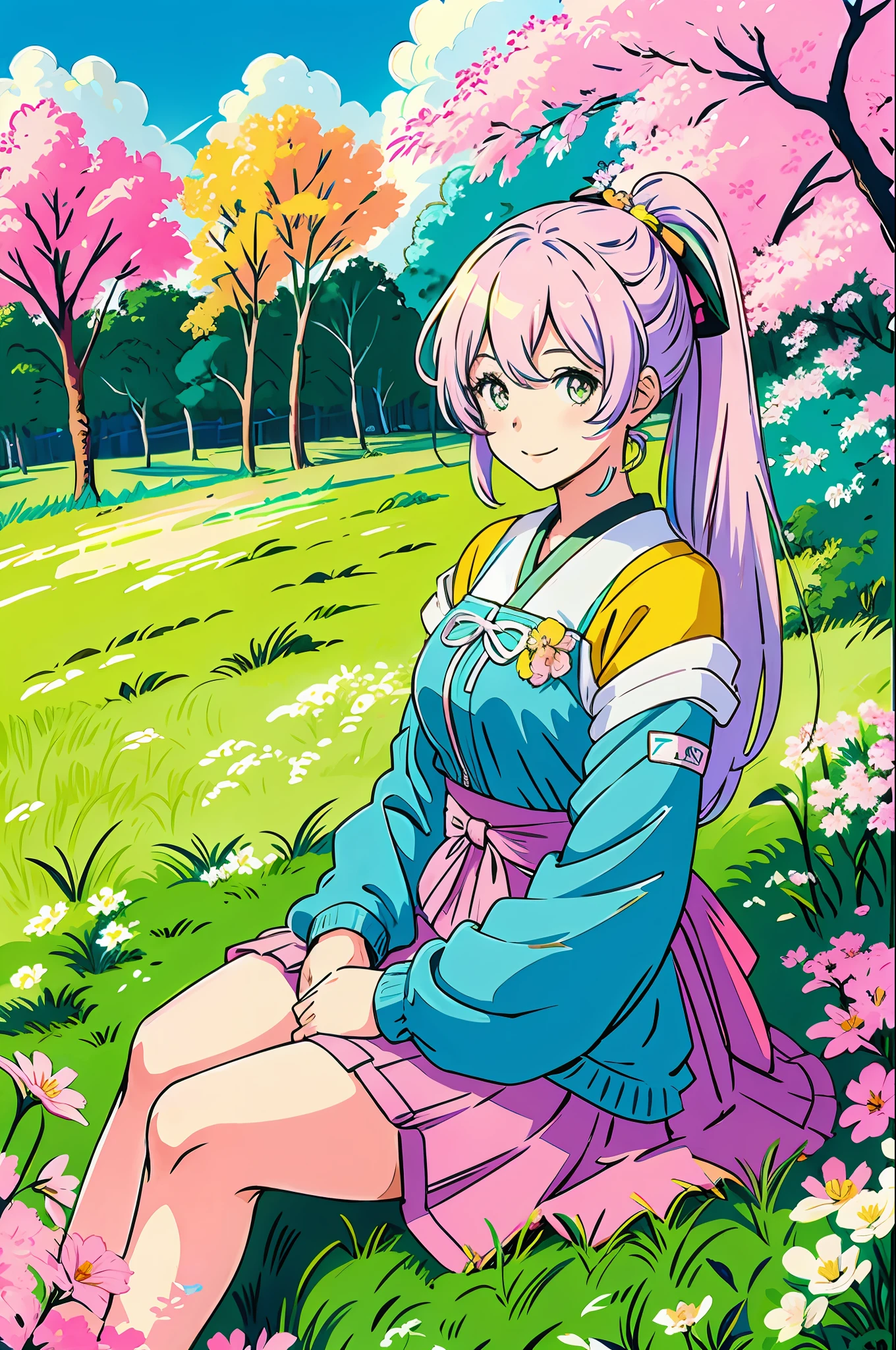 Anime girl in the anime style of the 80s sitting in a field of flowers and looking at the camera, smiling. pastel-colored