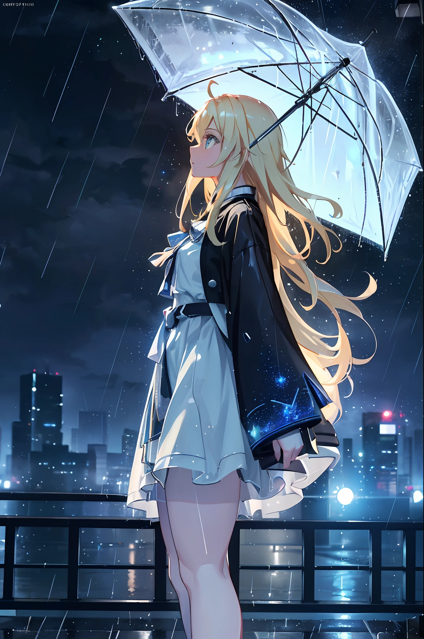a girl looking up at the sky standing on the sidewalk in the rain,(colorful lights:1.4),(sidewalk:1.4),(city night lights:1.4),(rain:1.4), (looking at the sky:1.4),(side view:1.4) , (Thick Body:1.4), (Long Blond Hair:1.4), Green Eyes, HDR (High Dynamic Range), Ray Tracing, NVIDIA RTX, Super-Resolution, Unreal 5, Subsurface Scattering, PBR Texturing, Post-Processing, Anisotropic Filtering, Depth-Of-Field ,Maximum Clarity And Sharpness, Multi-Layered Textures, Albedo And Specular Maps, Surface Shading, Accurate Simulation Of Light-Material Interaction, Octane Render, Two-Tone Lighting, Low ISO, White Balance, Rule Of Thirds, Wide Aperture, 8K RAW, Efficient Sub-Pixel, Sub-Pixel Convolution, (Luminescent Particles:1.4), {{Masterpiece, Best Quality, Extremely Detailed CG, Unity 8k Wallpaper, 3D, Cinematic Lighting, Lens Flare}},