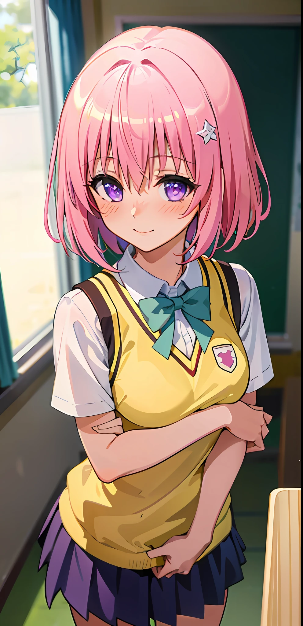 (best quality:1.1), (masterpiece:1.4), (absurdres:1.0), portrait, close up,
1girl, momo velia deviluke, hair ornament, bob cut, short hair pink hair, purple eyes, medium breasts, yellow school uniform, looking at viewer, classroom, (blush:1.2), smile,