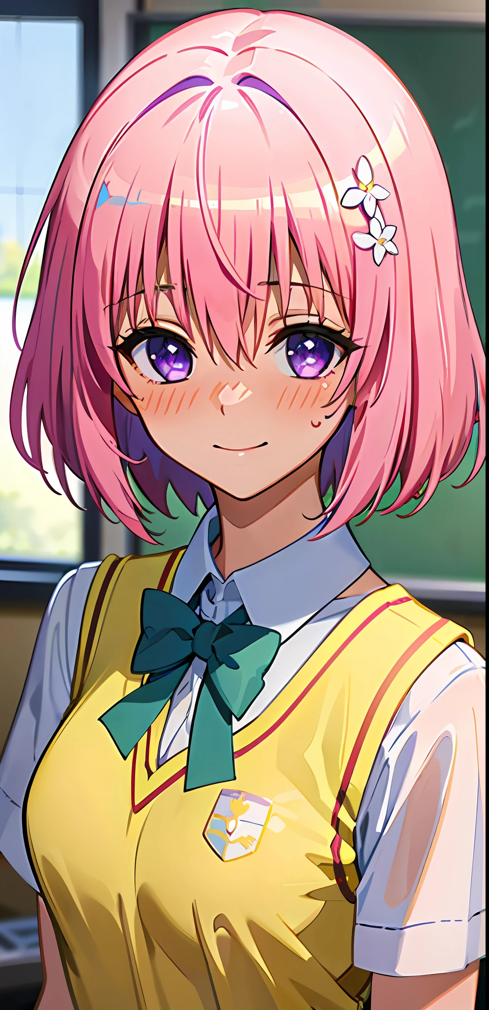 (best quality:1.1), (masterpiece:1.4), (absurdres:1.0), portrait, close up,
1girl, momo velia deviluke, hair ornament, bob cut, short hair pink hair, purple eyes, medium breasts, yellow school uniform, looking at viewer, classroom, (blush:1.2), smile,