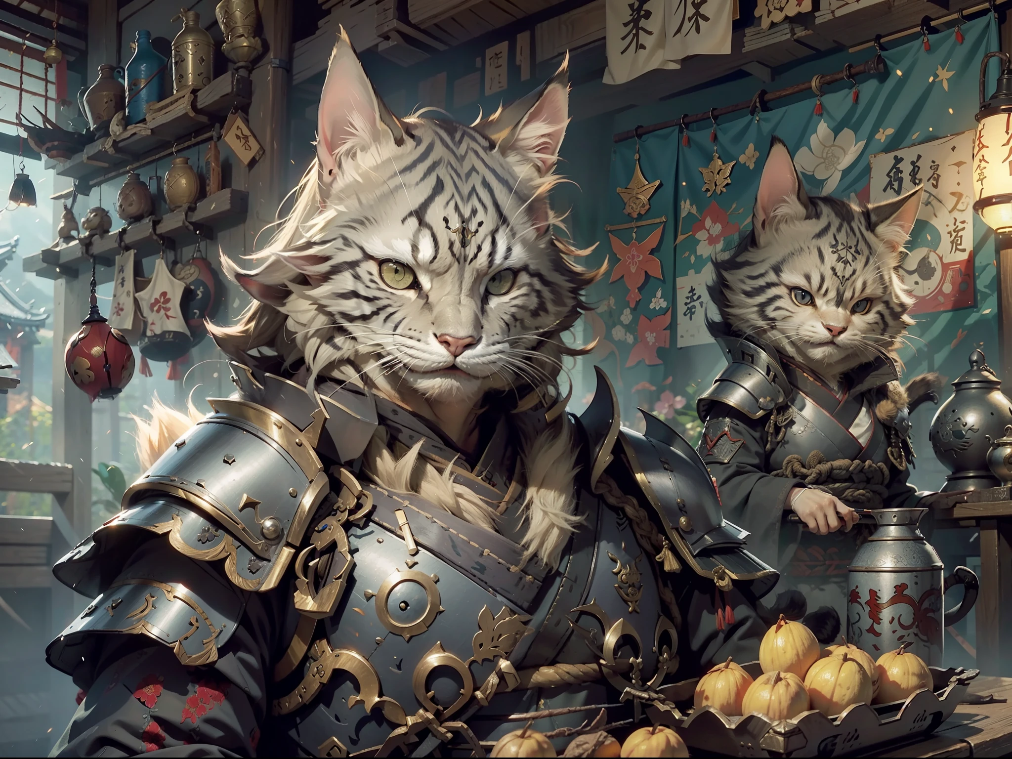 c4ttitude, samurai, vigilant, almond-shaped eyes, furred brows, smooth fur, warrior, disciplined, focused, armored kimono,, , feudal japan, room, honor, eat, ((eat)),