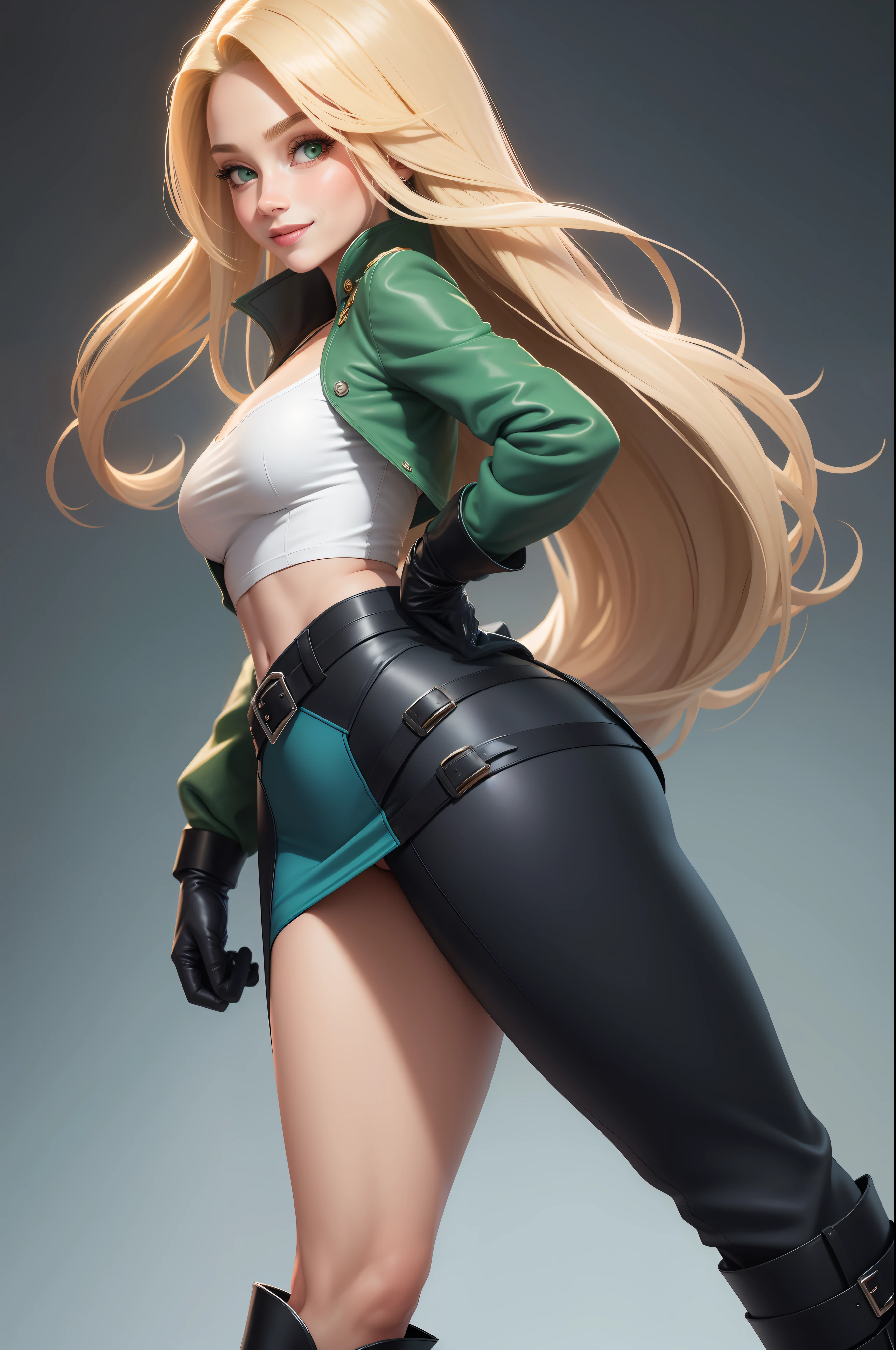 sexy, mason, back, smiling, long blonde hair and green eyes, black croptop, top, jacket, blue pencil skirt, red boots, white gloves, high heeled boots
