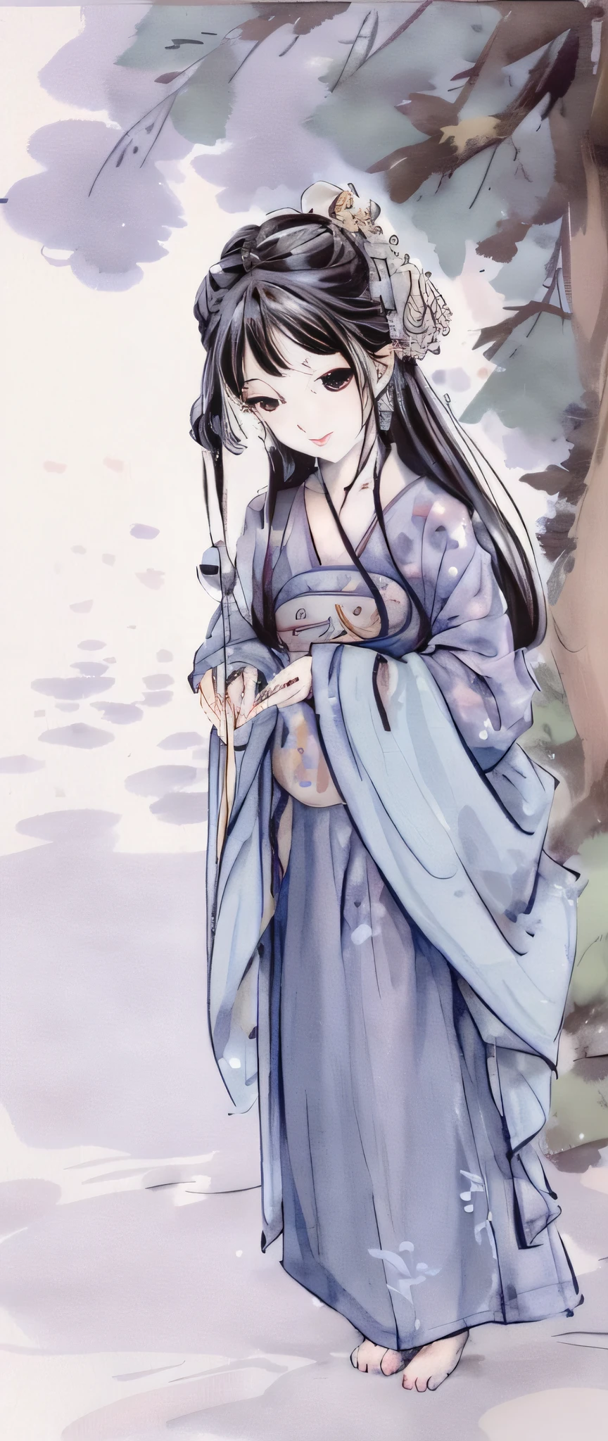 ((4k,masterpiece,best quality)), shuimobysim, traditional chinese ink painting, lotus, hanfu, maxiskit, dress conservatively 1girl, solo, long blue hair, smile, standing, feet in the water, barefoot,