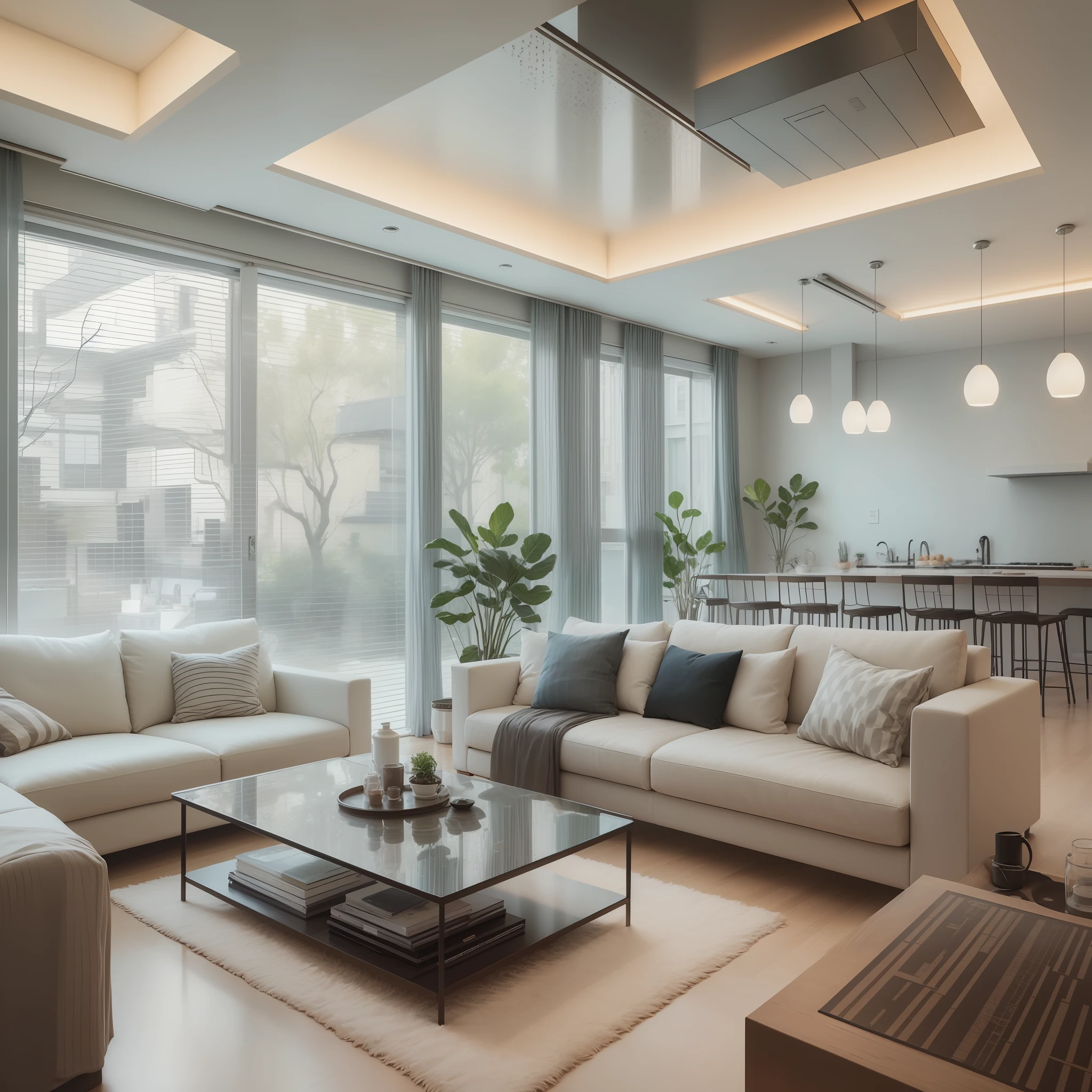 Design a floor plan, simple and modern, 200 square meters, furniture is ultra-modern metal material, ceiling decoration with a sense of technology, --auto --s2