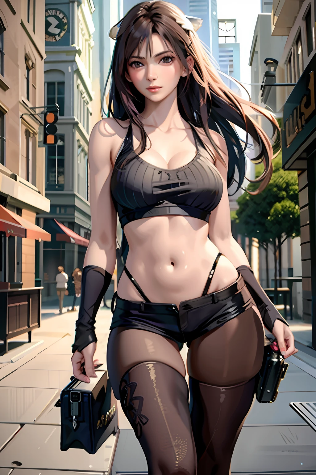 (((Detailed beautiful woman, realistic-looking 2D:1.3))),
(((Top quality, highest image quality, Unreal Engine:1.3))),
(Beautiful woman, well-detailed face, light brown medium hair, authentic skin texture, moist skin texture, medium breasts, cleavage: 1.5)),
((large t-shirt, shorts, thin tights, heels)),
((night, building area, evening, walking)),
Walking, smug face, looking away, thigh to head,
(fine color, fine contrast: 1.2),