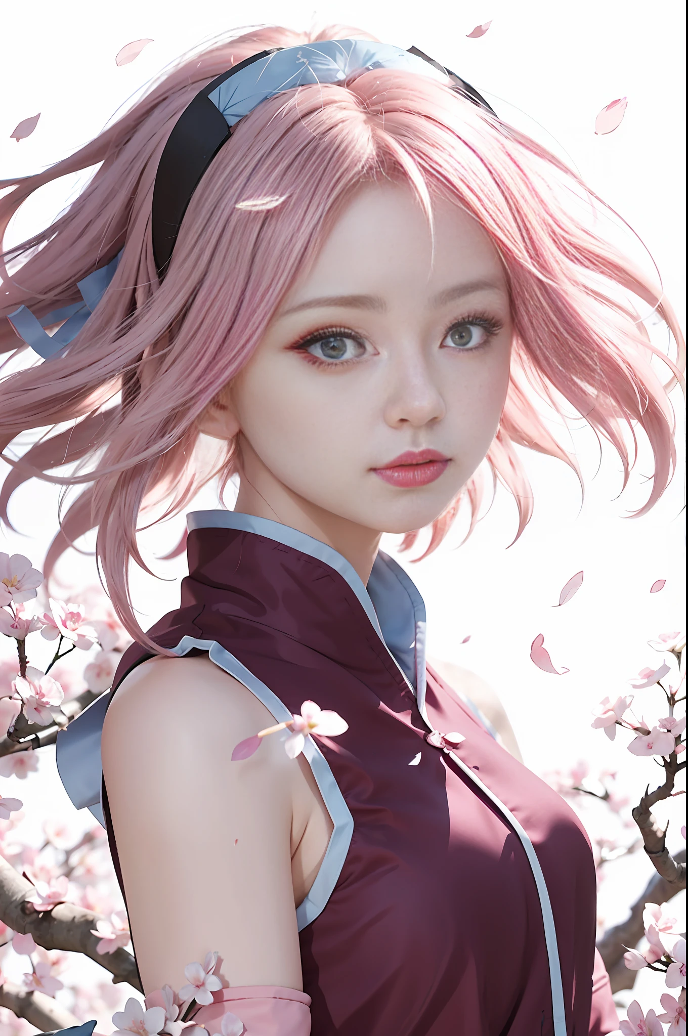 anime girl with pink hair and blue eyes standing in front of a tree, haruno sakura, sakura haruno, sakura haruno in slug sage mode, sakura petals around her, beautiful anime portrait, young anime girl, digital anime art, stunning anime face portrait, anime style portrait, digital anime illustration, portrait of an anime girl, anime portrait, anime illustration