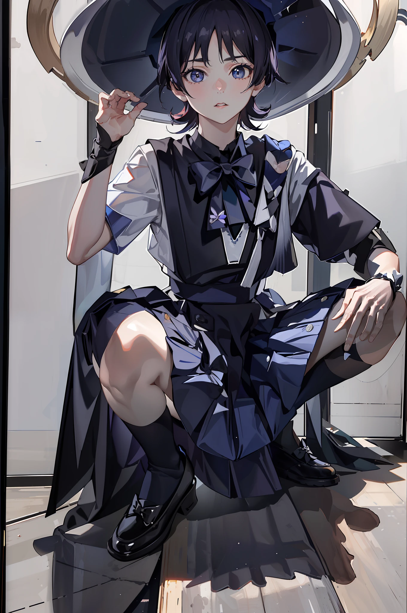 ((Masterpiece)), ((Best Quality)), Absurdres, 1boy, Squat Cowboy Pose, POV, School Uniform, (Classroom:1.1)(8k, RAW photo, best quality, masterpiece:1.3),(realistic,photo-realistic:1.37),(night),(looking at viewer:1.331),(white hair),posing, soft light,1boy, extremely beautiful face,bust,Random expression,big eyes, ,lower abdomen,(short-sleeved JK_shirt:1.5),JK_style,(JK_skirt:1.5) ,(bow JK_tie:1.5),mix4, School Uniform: 1.5), (scaramouch:1.2), dark blue hair, male focous, puffed socks, leg warmers