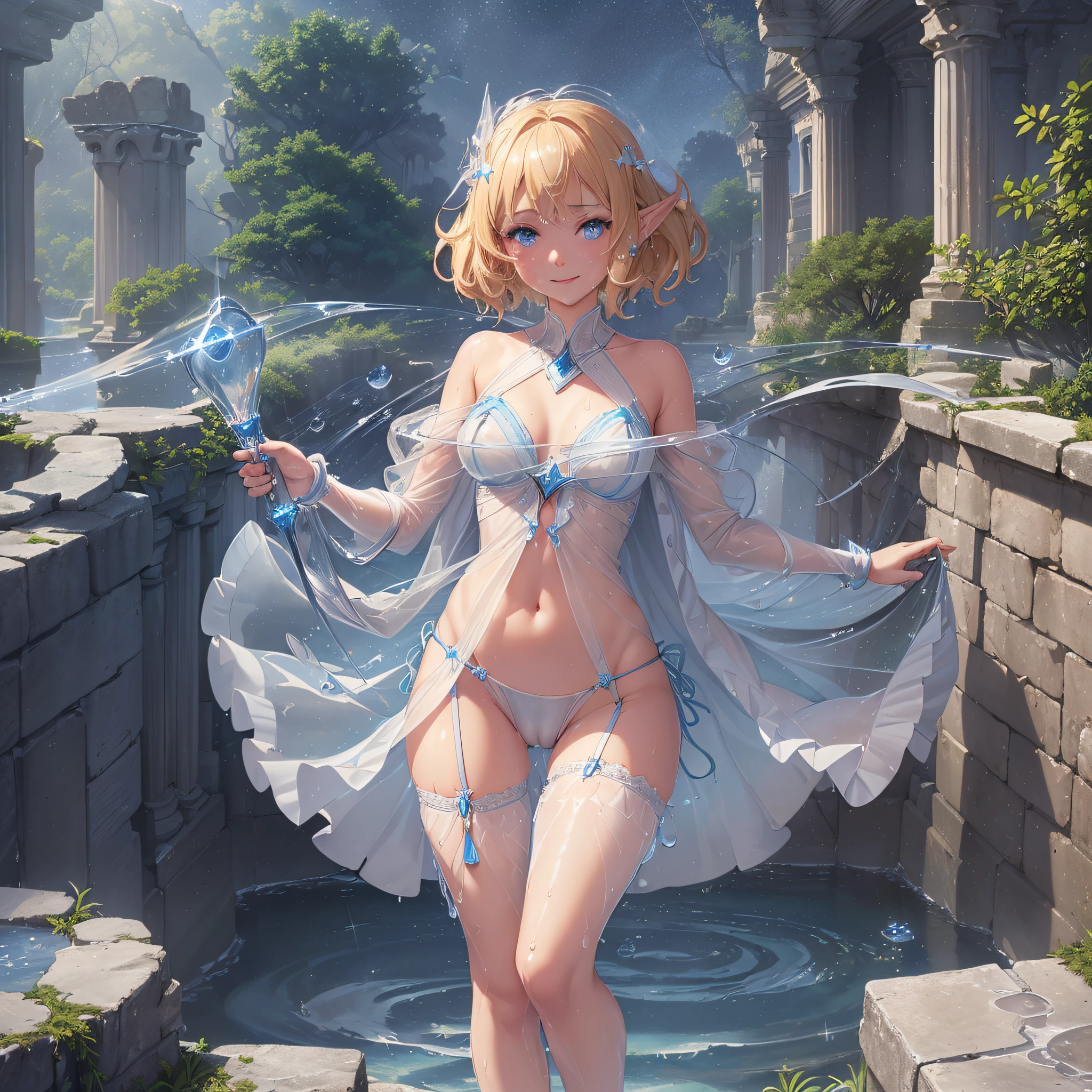 2D illustration, anime-style, beautiful girl, elf, (), blonde, blue-eyed, hair ornament, smiling, holding a magic wand in her right hand, open legs, open chest, sheer white ultra-thin fabric, see-through ancient-style robe, (without panties)), (The tip of the chest is colored and raised and protruding))), (((The entire chest is showing through)), floating hem, collar, bangle, anklet , sandals, (((figure up, low angle, crotch up)), (((((transparent exposed crotch))), (((crotch droplets)), wet body, wet clothing, ancient ruins eroded by vegetation, waterside, water surface light, magic light, starry sky, wind blowing, ambient occlusion, halation