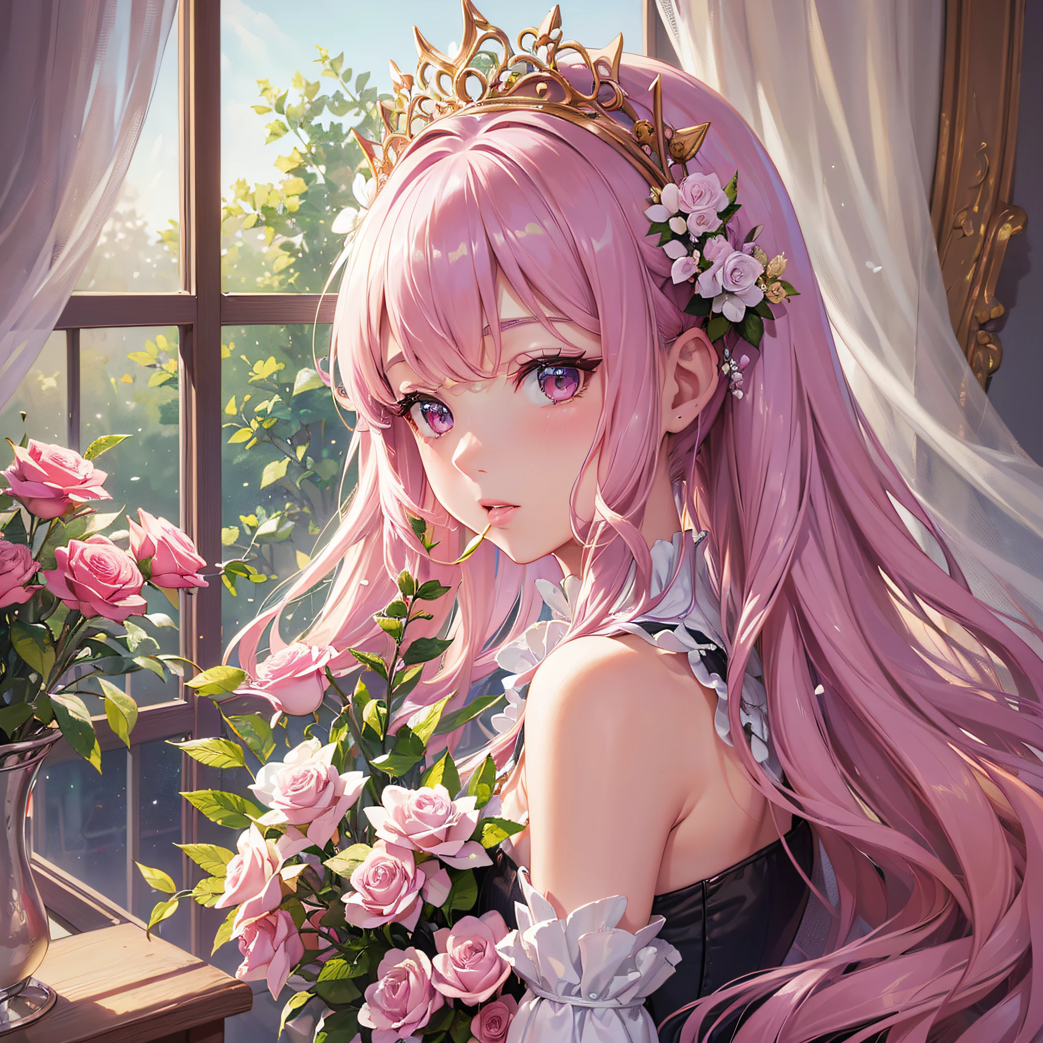 ((masterpiece)), ((highest quality), (super detail), (illustration), ((very delicate and beautiful)), (dynamic angle),
1girl, flower, spring, next to the window, roses, very long hair, detailed face, long eyelashes, eye flowers, ruffled sleeves, corset, tiara, princess, half twin tail, pink hair color Open your mouth a little
pink eyes, (low suite: 1.4), --s2