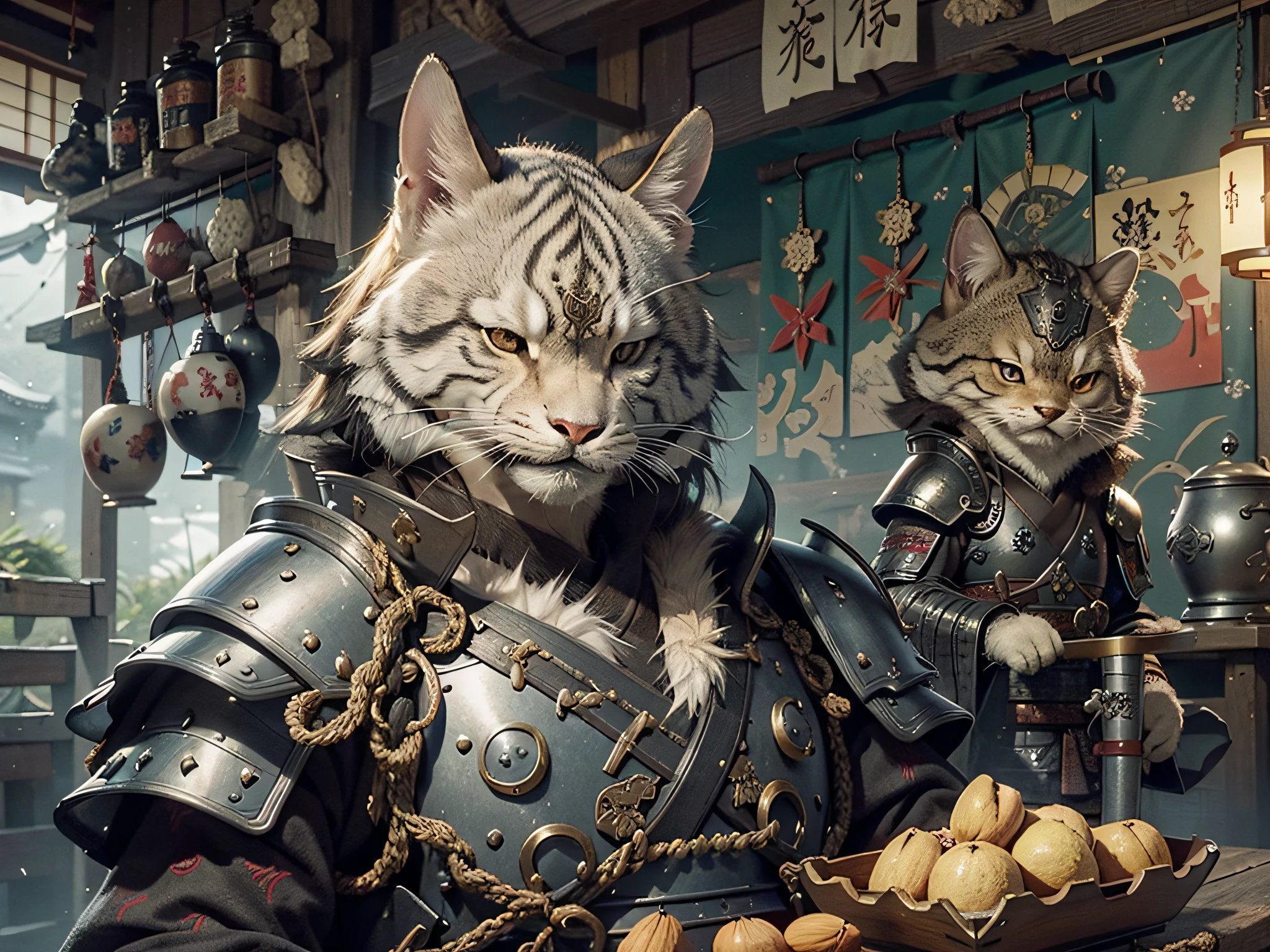 c4ttitude, samurai, vigilance, almond-shaped eyes, fur, smooth fur, warrior, disciplined, focused, armored kimono,, , feudal japan, room, honor, eat, ((eat)), (man in armor 1.5)