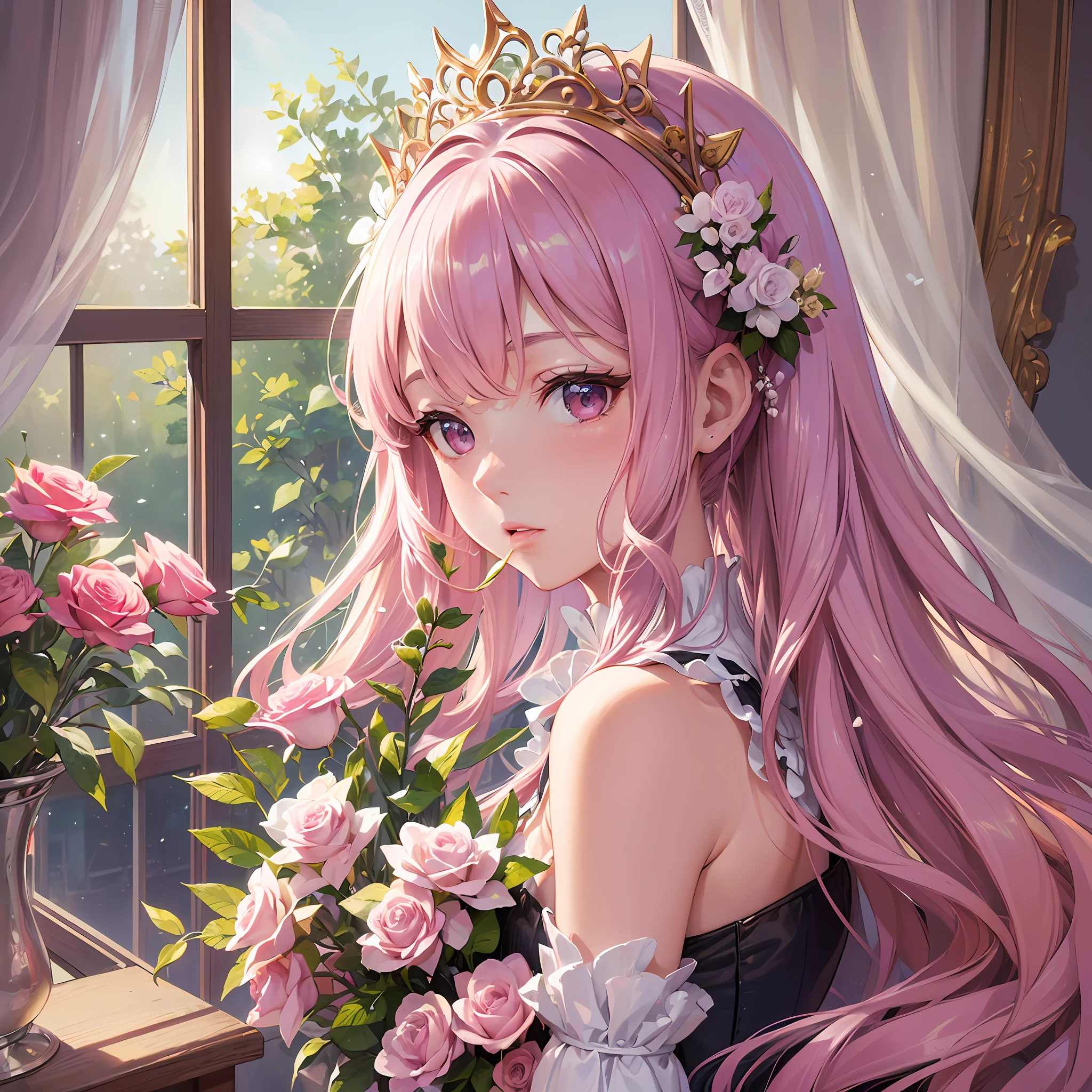 ((masterpiece)), ((highest quality), (super detail), (illustration), ((very delicate and beautiful)), (dynamic angle),
1girl, flower, spring, next to the window, roses, very long hair, detailed face, long eyelashes, eye flowers, ruffled sleeves, corset, tiara, princess, half twin tail, pink hair color Open your mouth a little
pink eyes, (low suite: 1.4), --s2