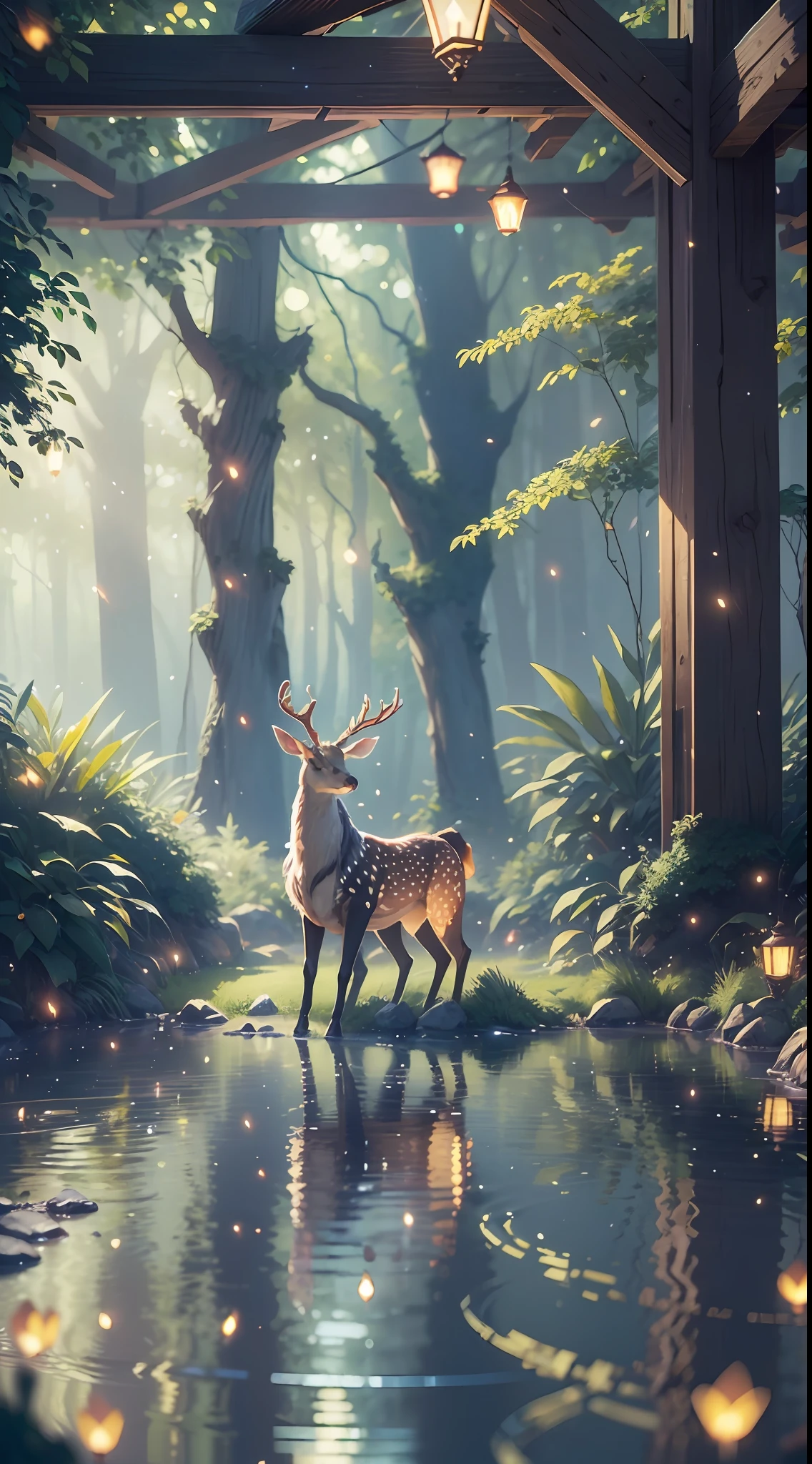 Masterpiece, best quality, (very detailed CG unity 8k wallpaper), (best quality), (best illustration), (best shadows), glow sprite, with a glowing deer, in the swimming pool Drinking water, natural elements in the forest theme. Mysterious forest, beautiful forest, nature, surrounded by flowers, delicate leaves and branches surrounded by fireflies (natural elements), (jungle theme), (leaves), (twigs), (fireflies), (particle effects) etc. 3D , Octane rendering, ray tracing, super detailed