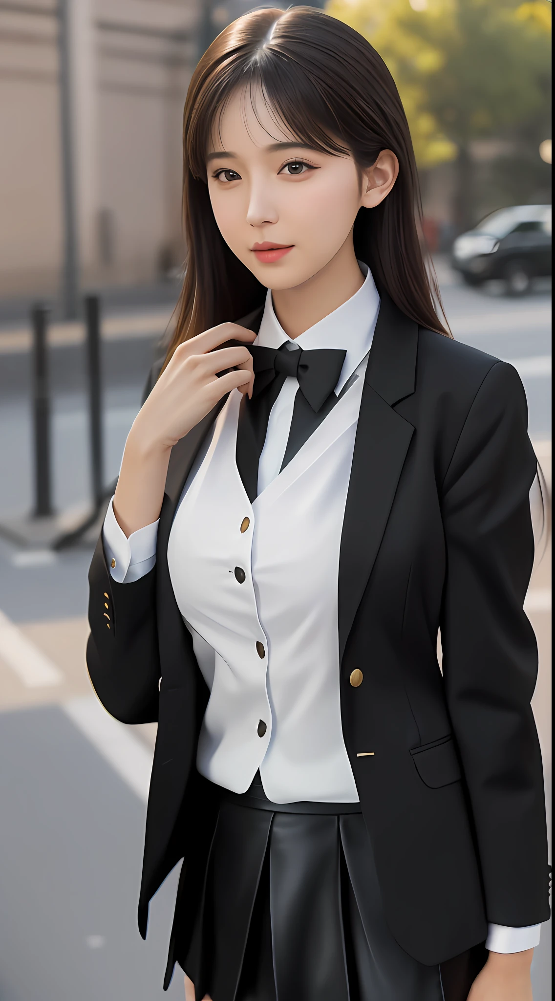 best quality, masterpiece, 1girl, Beautiful face, (photo realistic:1.3), rim lighting, (high detailed skin:1.2), 8k uhd, dslr, high quality, high resolution, 4k, 8k, Bokeh, absurdres, best ratio four finger and one thumb, (realistic:1.3), cute 1girl, wearing black formal blazer, medium breasts, short skirt,