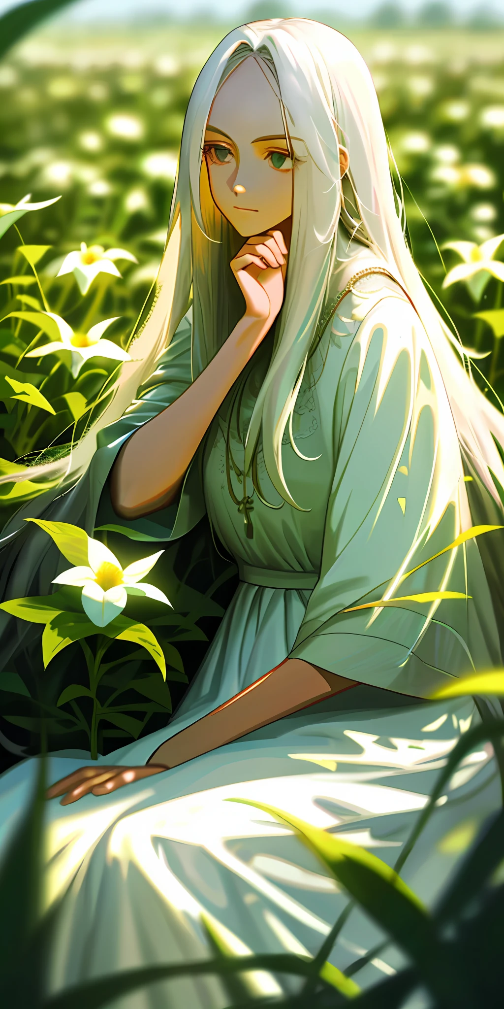 (masterpiece, best quality),1girl with long white hair sitting in a field of green plants and flowers, her hand under her chin, warm lighting, white dress, blurry foreground