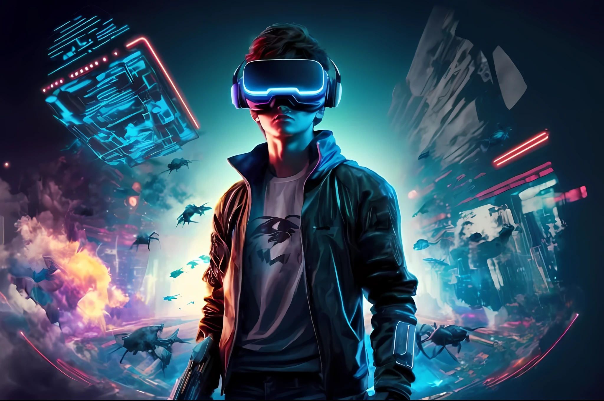 a man in a black jacket and glasses stands in front of a futuristic city, vr game, cyberpunk vibe, cyberpunk vibes, deeper into the metaverse we go, has cyberpunk style, cyberpunk theme, in cyber punk 2077, cyberpunk futuristic, cyberpunk future, synthwave, wearing cyberpunk streetwear, futuristic cyberpunk, cyberpunk tech, retro cyberpunk, synthwave style