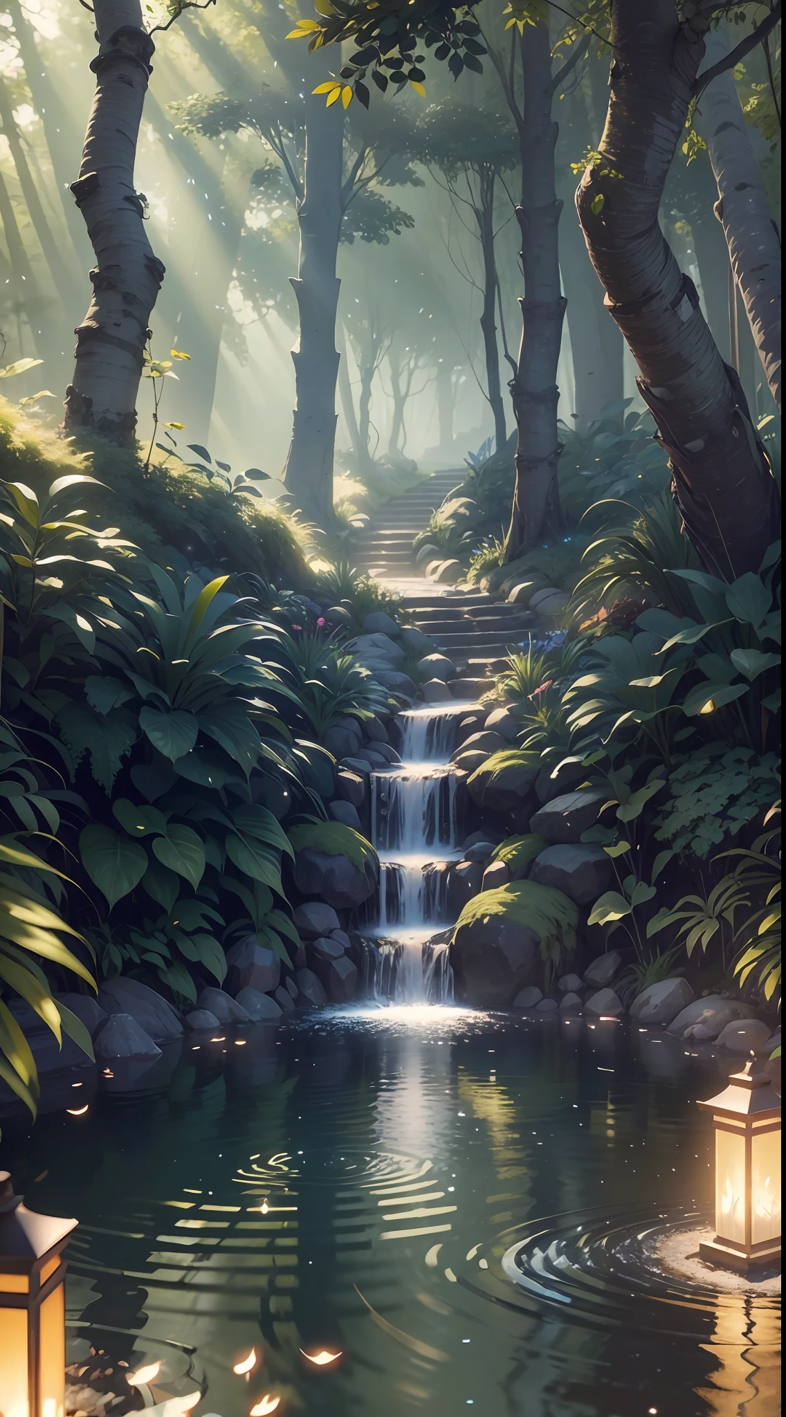 Masterpiece, best quality, (very detailed CG unity 8k wallpaper), (best quality), (best illustration), (best shadows), luminous sprite, with glowing raccoon, in the pool Drinking water, natural elements in a forest theme. Mysterious forest, beautiful forest, nature surrounded by flowers, delicate leaves and branches surrounded by fireflies (natural elements), (jungle theme), (leaves), (branches), (fireflies), (particle effects), etc.3D Octane rendering, ray tracing, super detailing