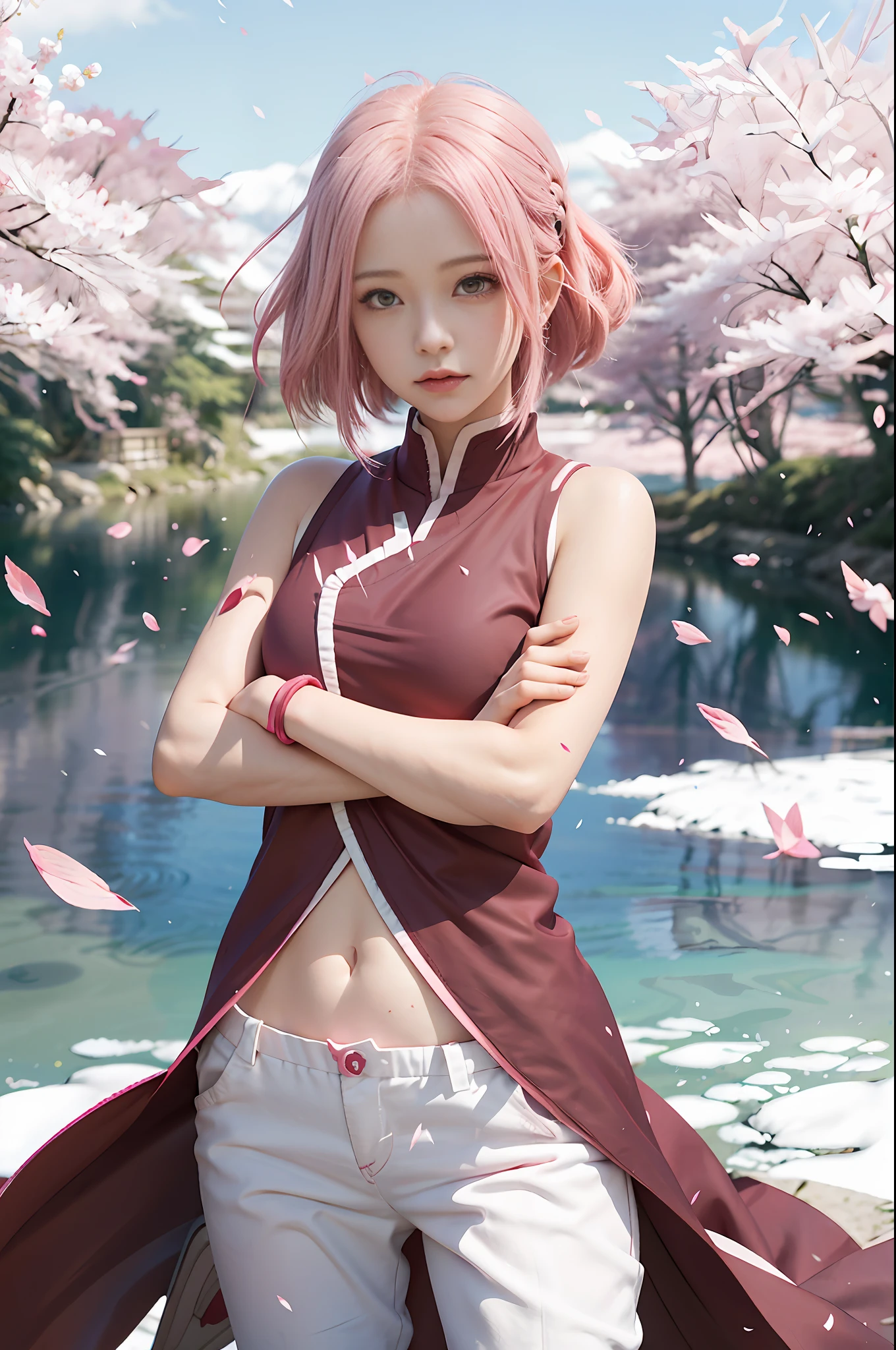 anime girl with pink hair and a red cape standing in front of a lake, sakura haruno, haruno sakura, sakura haruno in slug sage mode, sakura petals around her, sakura kinomoto, anime style 4 k, lush sakura, sakura season, best anime 4k konachan wallpaper, from naruto, anime style art, yayoi kasuma