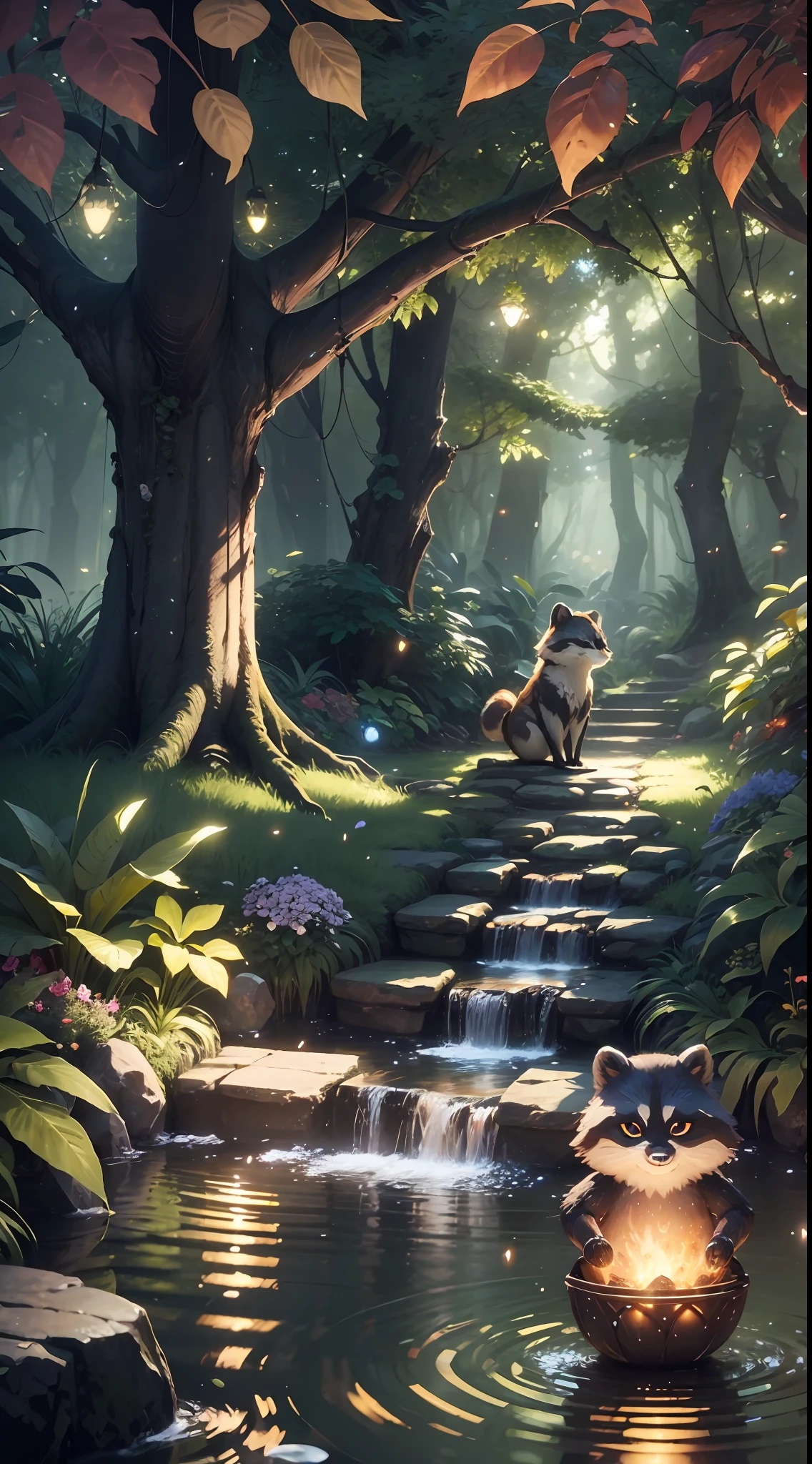 Masterpiece, best quality, (very detailed CG unity 8k wallpaper), (best quality), (best illustration), (best shadows), luminous sprite, with glowing raccoon, in the pool Drinking water, natural elements in a forest theme. Mysterious forest, beautiful forest, nature surrounded by flowers, delicate leaves and branches surrounded by fireflies (natural elements), (jungle theme), (leaves), (branches), (fireflies), (particle effects), etc.3D Octane rendering, ray tracing, super detailing