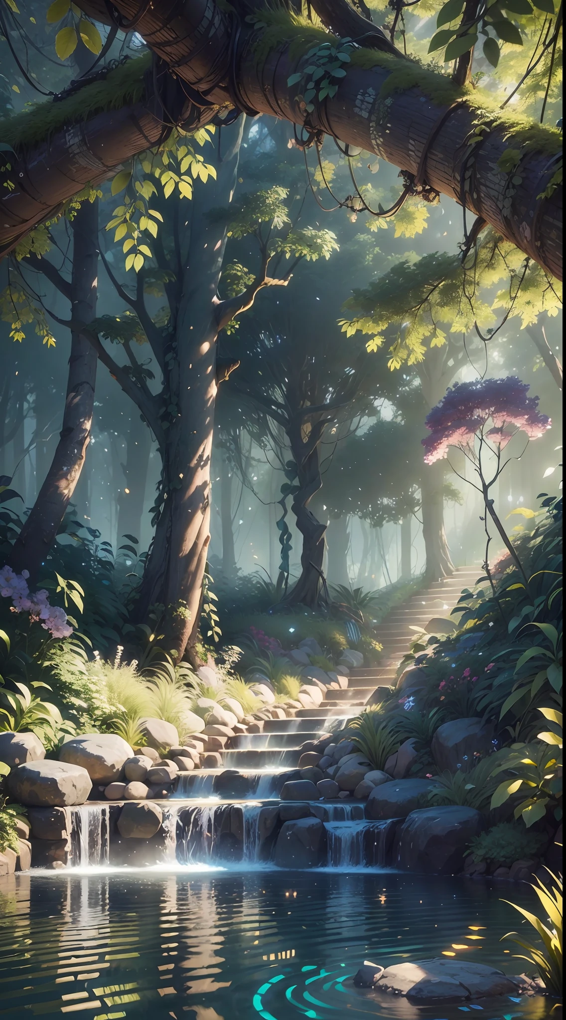 Masterpiece, best quality, (very detailed CG unity 8k wallpaper), (best quality), (best illustration), (best shadows), luminous sprite, with glowing raccoon, in the pool Drinking water, natural elements in a forest theme. Mysterious forest, beautiful forest, nature surrounded by flowers, delicate leaves and branches surrounded by fireflies (natural elements), (jungle theme), (leaves), (branches), (fireflies), (particle effects), etc.3D Octane rendering, ray tracing, super detailing