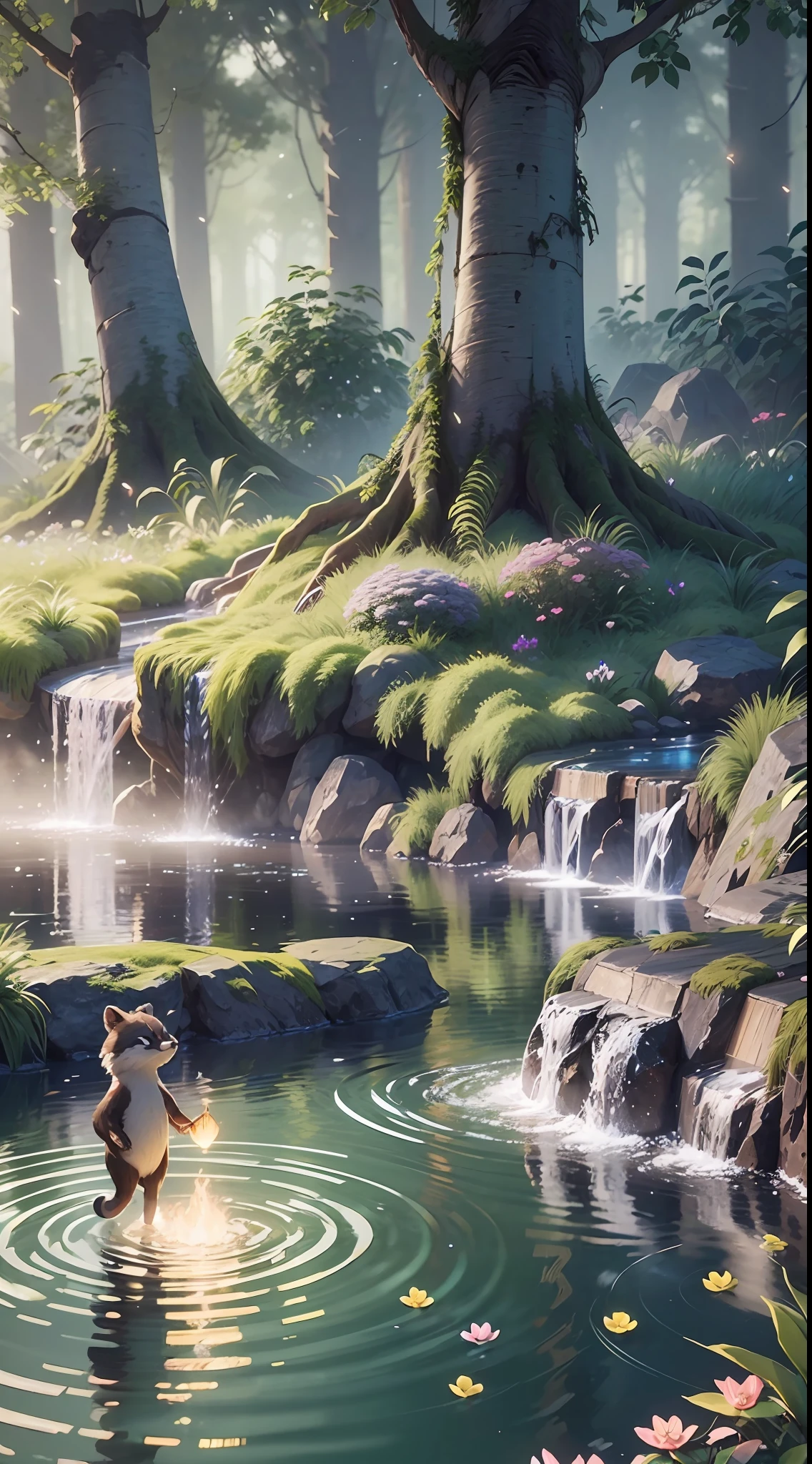 Masterpiece, best quality, (very detailed CG unity 8k wallpaper), (best quality), (best illustration), (best shadows), luminous sprite, with glowing raccoon, in the pool Drinking water, natural elements in a forest theme. Mysterious forest, beautiful forest, nature surrounded by flowers, delicate leaves and branches surrounded by fireflies (natural elements), (jungle theme), (leaves), (branches), (fireflies), (particle effects), etc.3D Octane rendering, ray tracing, super detailing