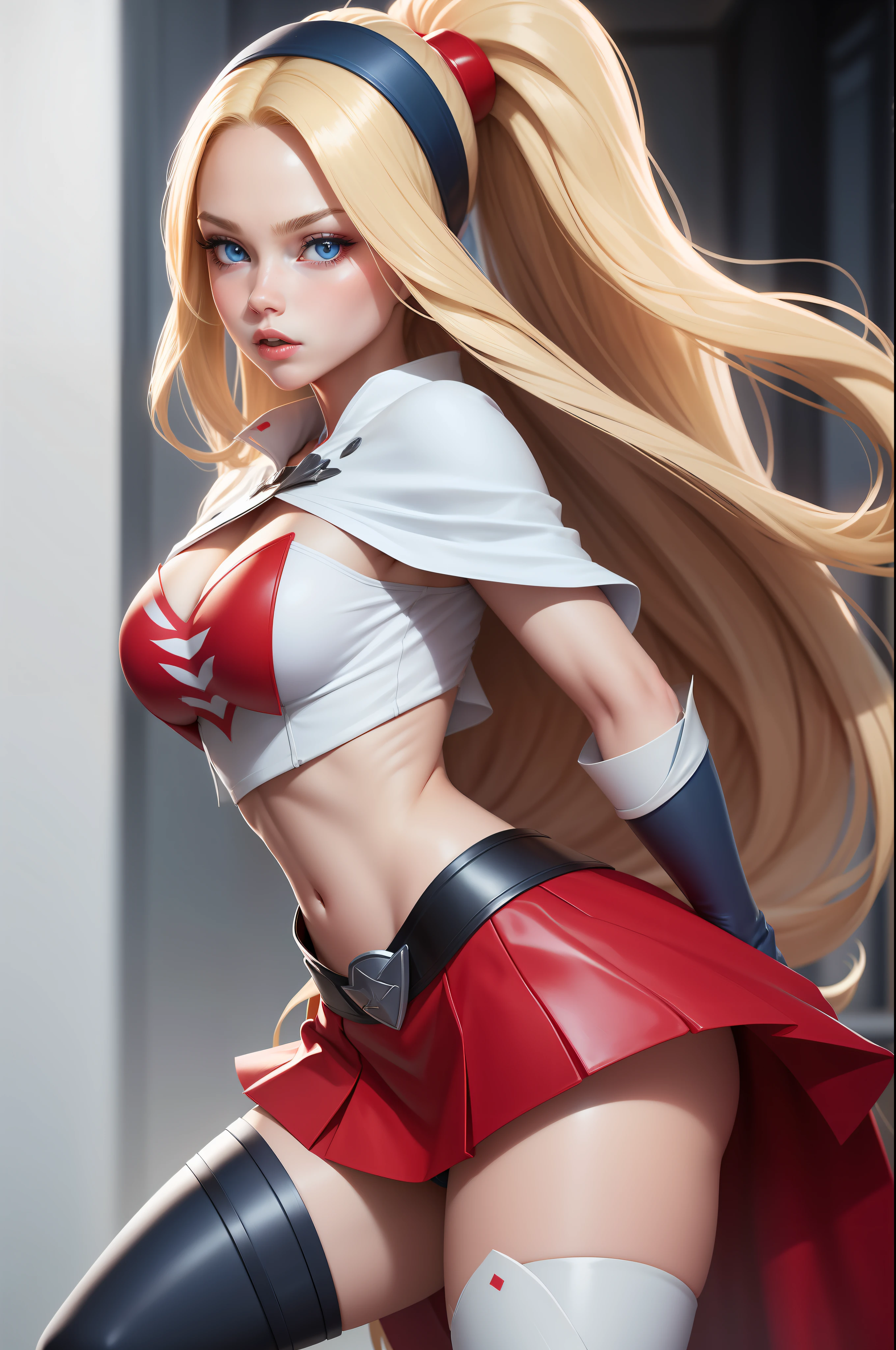 Sexy Spawn Long blonde hair and blue eyes, black hair band, white croptop, short sleeves, red cape, blue pencil skirt, red boots, white gloves
