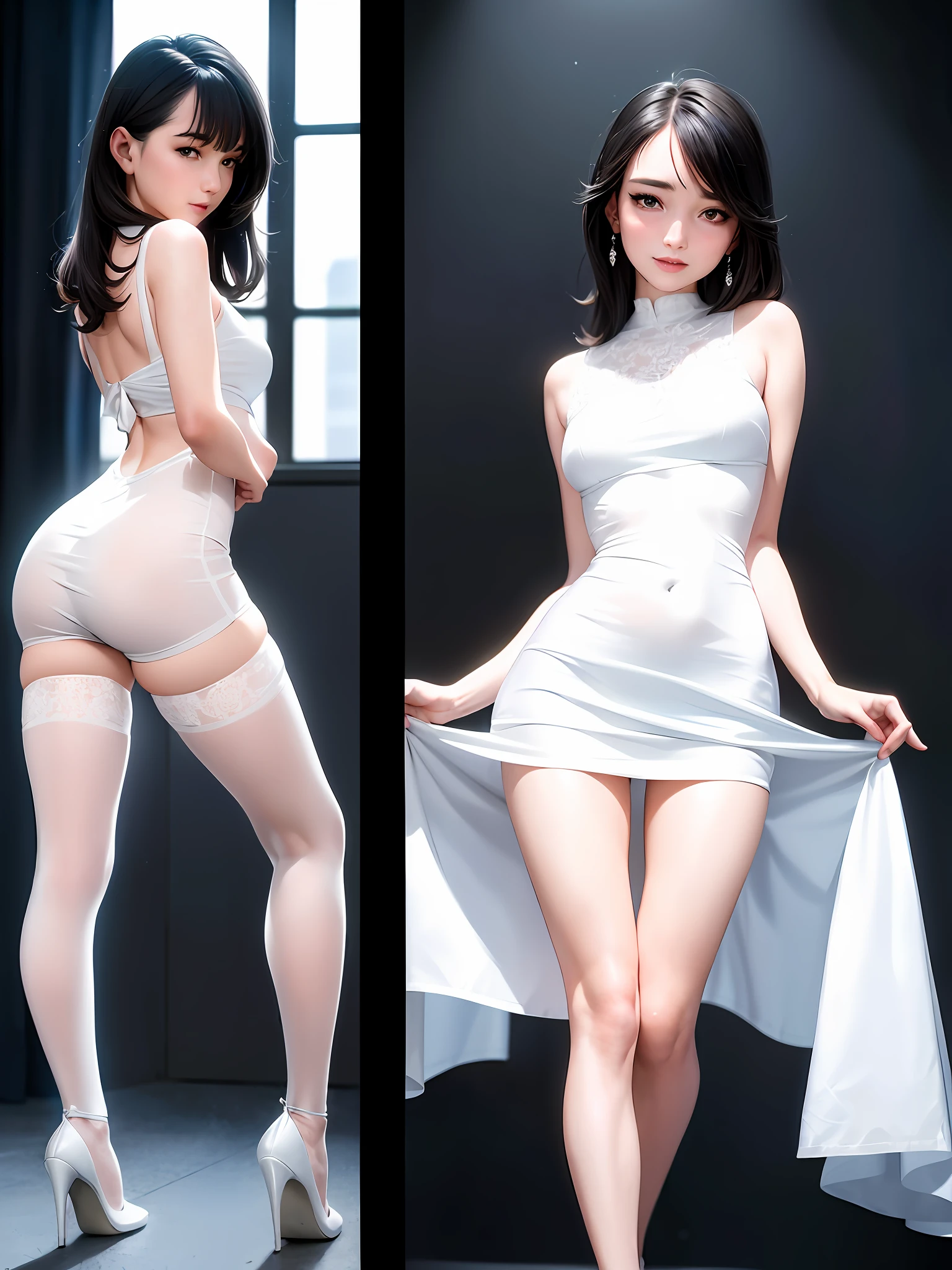 One young pretty woman, full body, sheer, detailed clothes, white tights, obscure casual white shirt, (delicate illustration: 1.4), (masterpiece: 1.0), (best quality: 1.4), (ultra high resolution: 1.2), (photorealistic: 1.4), (8k, RAW photo: 1.2), (soft focus: 1.4), (18yo: 1.3), (sharp focus : 1.4), Detailed beautiful face
