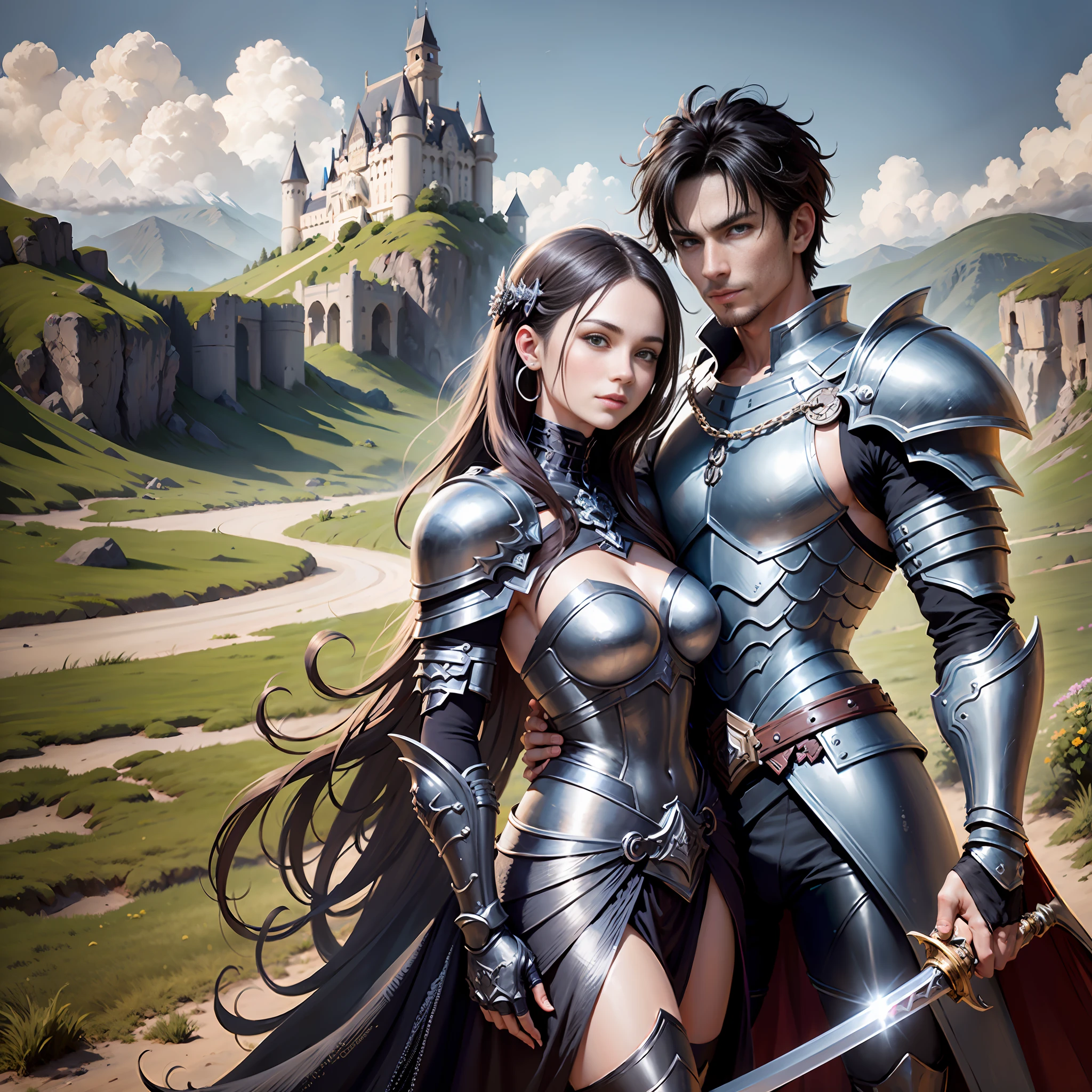 (((Medium shot))), Couple, ((A Man and a Woman)), Two Individuals, Big Sword, Battle, Gorgeous Background, Dark Castle in the Distance, ((Medium Sword)), Playfulness, Sweetness, Happiness, Smile, Armor, Chain Mail, Armor, Happy, Beautiful Eyes, Playfulness, Surrealism, Pov, Romanticism, Film Lighting, 8K, UHD, Masterpiece, Ccurate, Anatomically Correct, Textured Skin, High Detail, High Quality, High Resolution, Award-Limited, Best Quality, 16K, Bad Body, Bad Hands, Bad Legs.