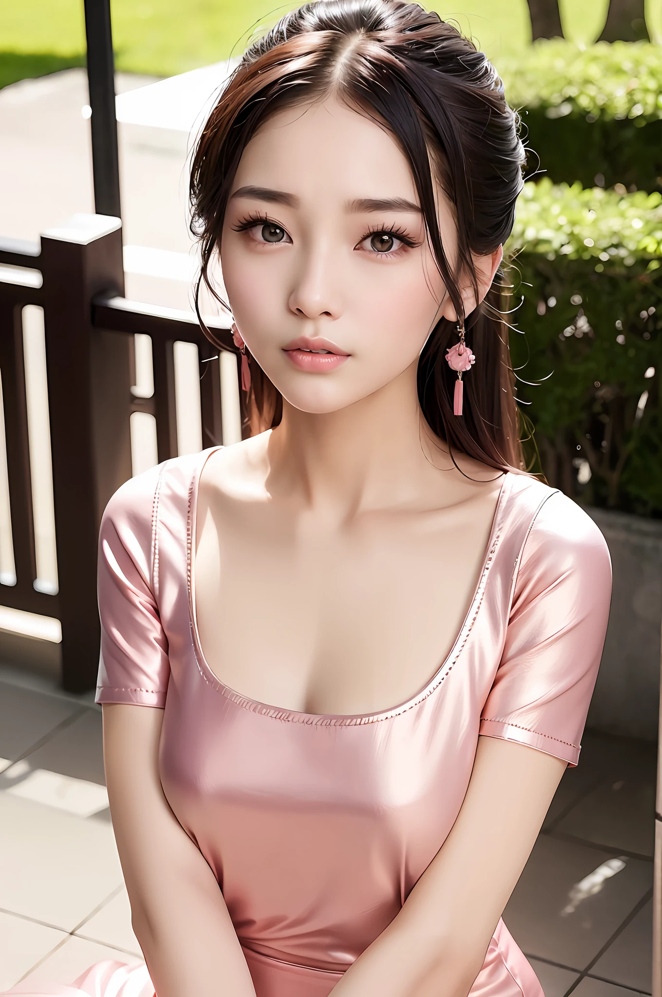 Gentle and charming Chinese beautiful woman, upper body photo, exquisite and sexy collarbone, charming oval face, double eyelids, smart peach blossom eyes, pink lips, small nose, bare shoulders, focused face, face close-up, ultra-high-definition, Super details, elegant standing posture, white T-shirt and skinny jeans under the pink leather jacket, fashion and good-looking