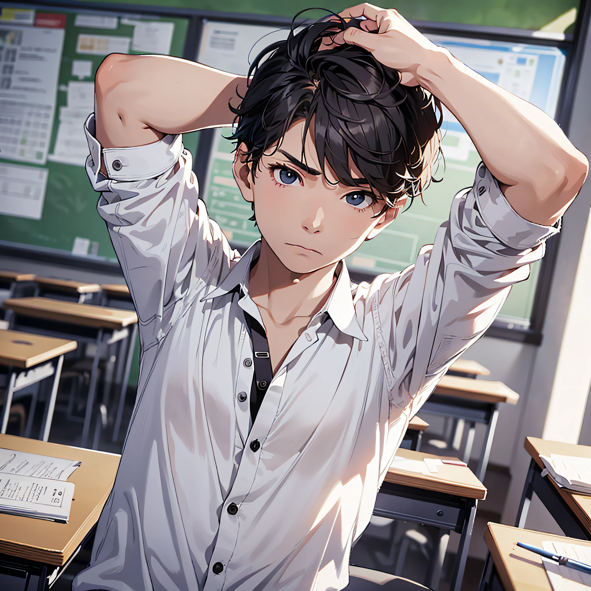 Absurd resolution, high resolution, (masterpiece: 1.4), hyperdetail, 1boy, face focus, mature man, student outfit, white shirt, classroom, angry expression