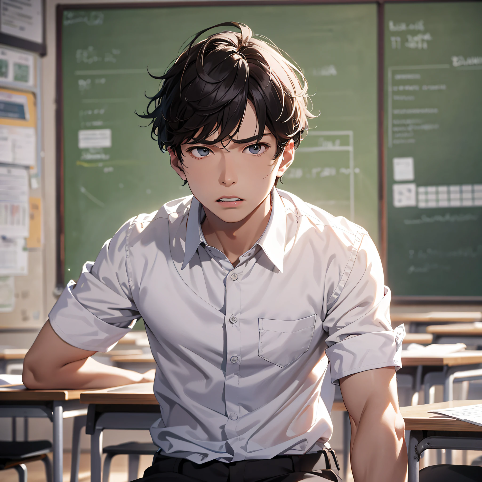 Absurd resolution, high resolution, (masterpiece: 1.4), hyperdetail, 1boy, face focus, mature man, student outfit, white shirt, classroom, angry expression