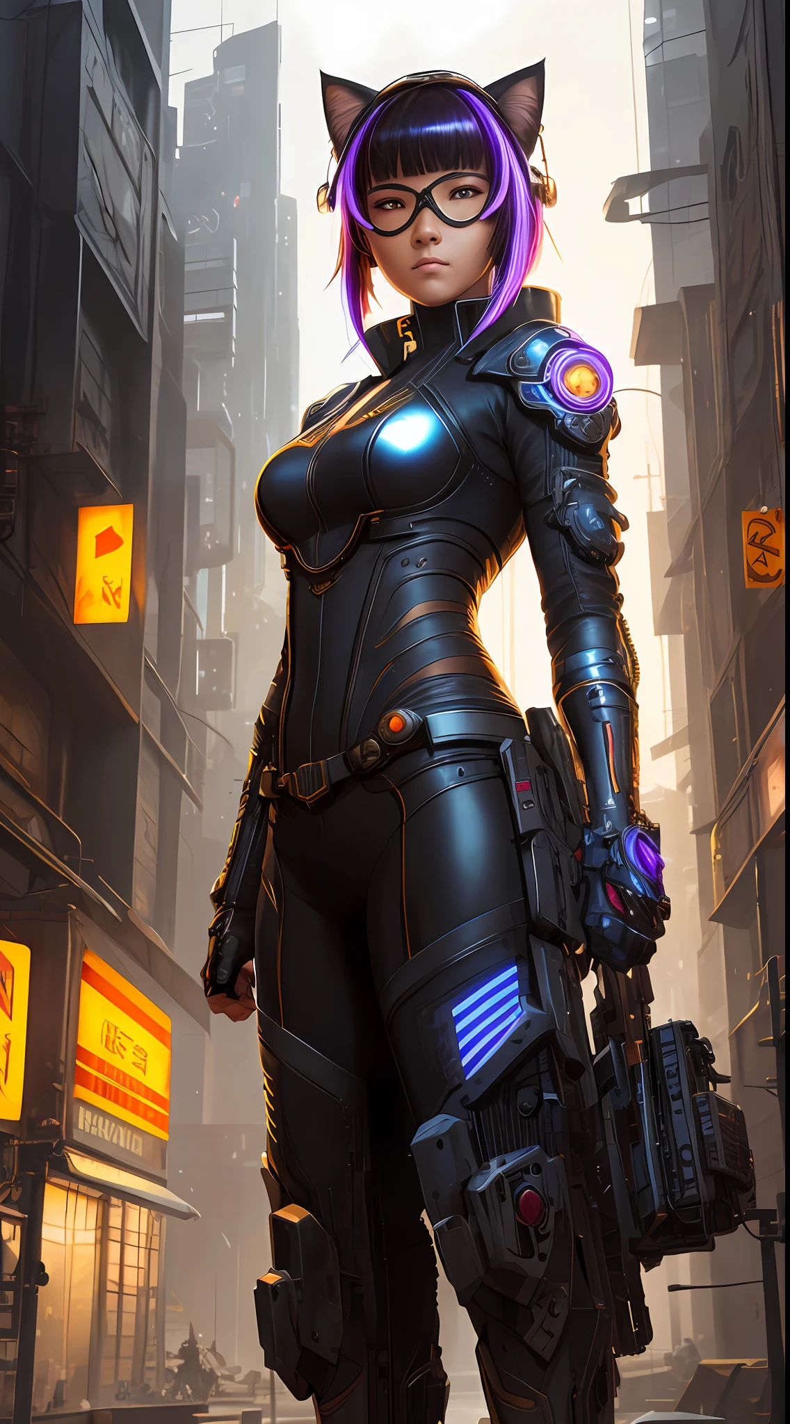 Insanely detailed photograph of a beautiful cyberpunk Nekomata catgirl, fringe and bangs multicolor hairstyle, intricate eyes, goggles, one face, cyber armor, hyperdetailed painting, 32k resolution concept art by Greg Rutkowski, Artgerm, WLOP, Alphonse Mucha dynamic lighting hyperdetailed intricately detailed Splash art trending on Artstation triadic colors Unreal Engine 5 volumetric lighting