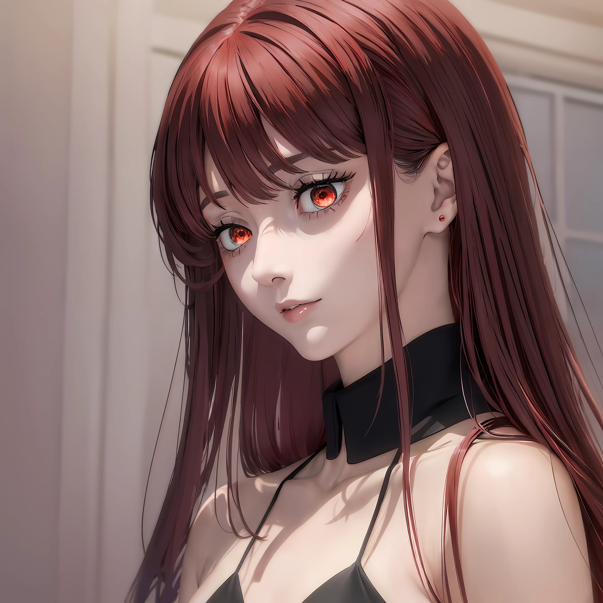 Masterpiece) (Superb Girl) (Beautiful Girl) (Black and Red Hair) (Long Hair) (Red Eyes) (Sickness) (Straight Look) (Close-up of a Woman) (Super Delicate) (High resolution) (Sparkling Eyes) (Perfect Eyes) () (Black and Red Color Scheme) (Light from the side), black long