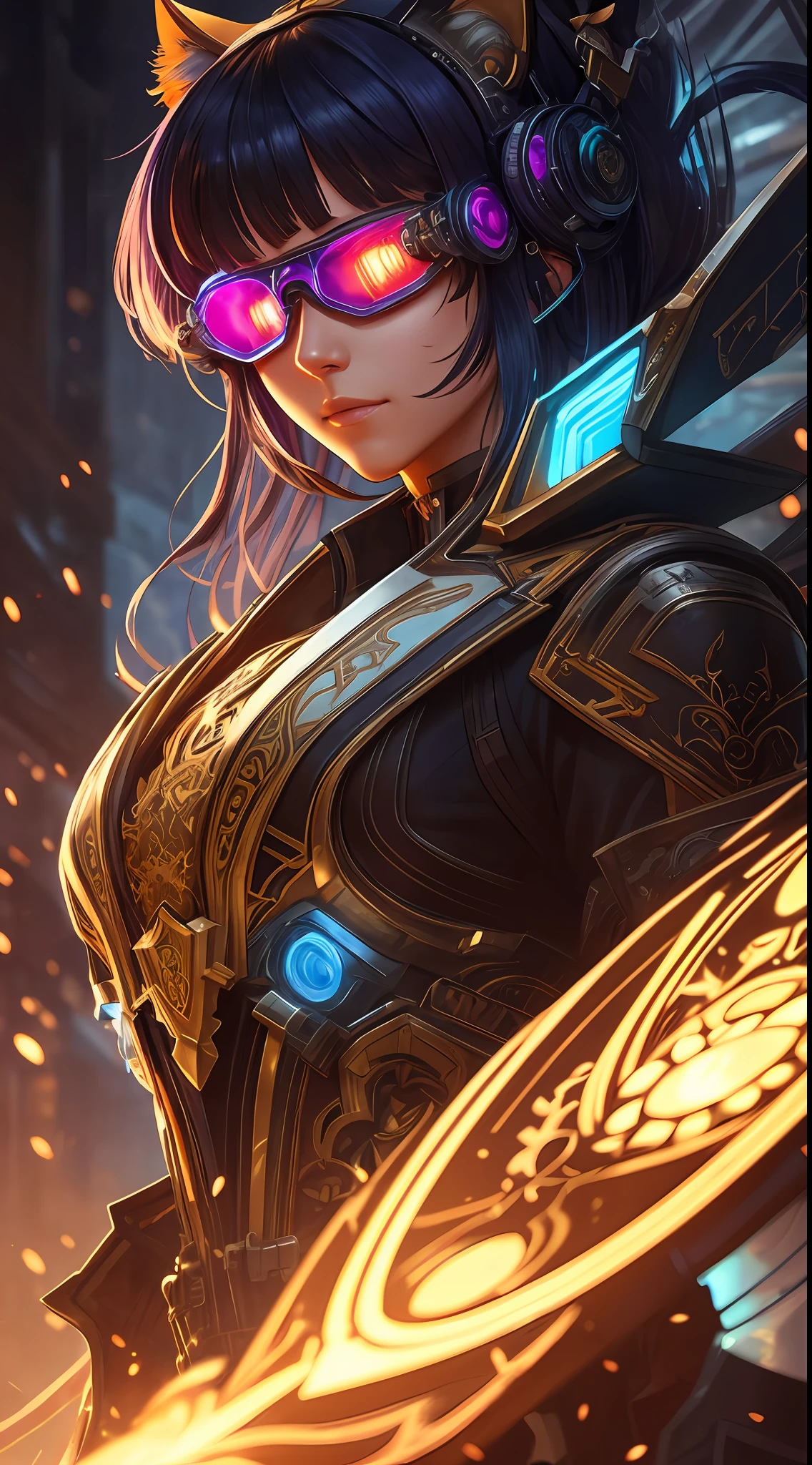 /imagine prompt:Insanely detailed photograph of a beautiful cyberpunk Nekomata catgirl, fringe and bangs multicolor hairstyle, intricate eyes, goggles, one face, cyber armor, hyperdetailed painting, 32k resolution concept art by Greg Rutkowski, Artgerm, WLOP, Alphonse Mucha dynamic lighting hyperdetailed intricately detailed Splash art trending on Artstation triadic colors Unreal Engine 5 volumetric lighting