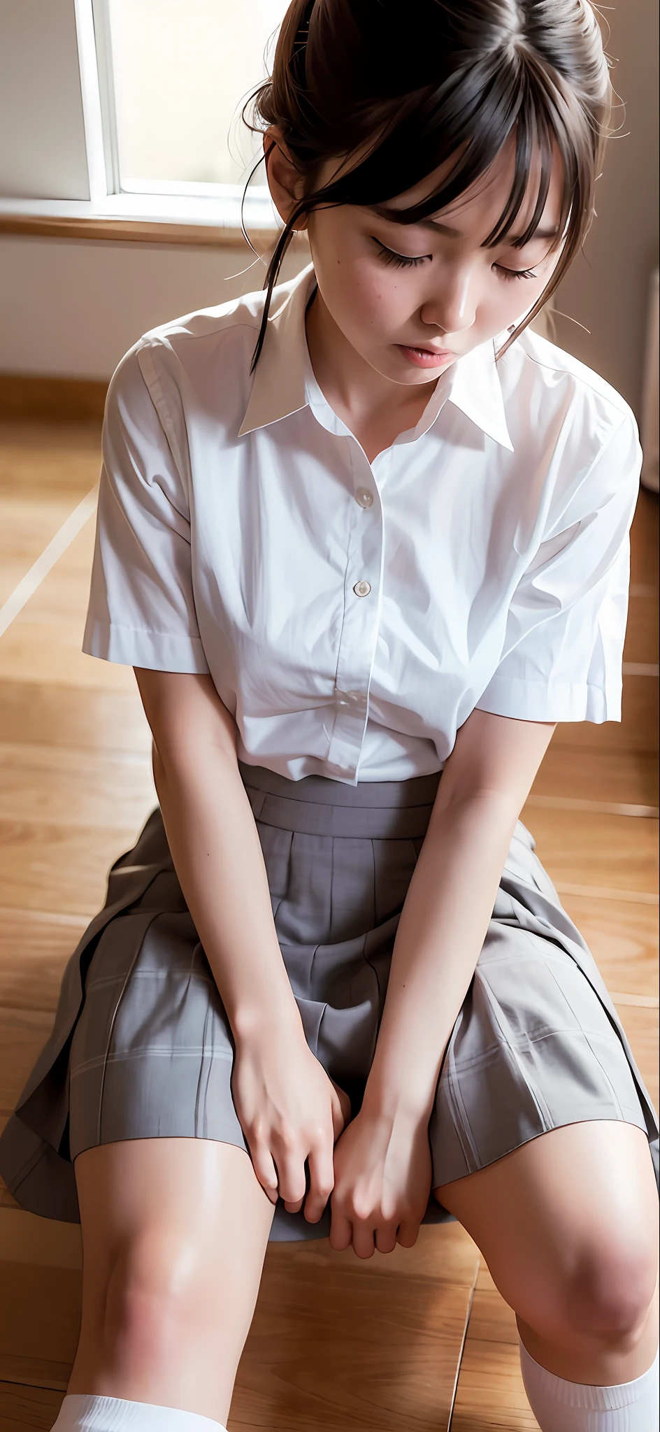 there is a woman in a skirt and a white shirt sitting on a floor, cute schoolgirl, a hyperrealistic schoolgirl, wearing japanese school uniform, very cute features, wearing skirt, cute features, hyperrealistic schoolgirl, magical school student uniform, wearing skirt and high socks, japanese girl school uniform, close-up on legs, trending on cgstation