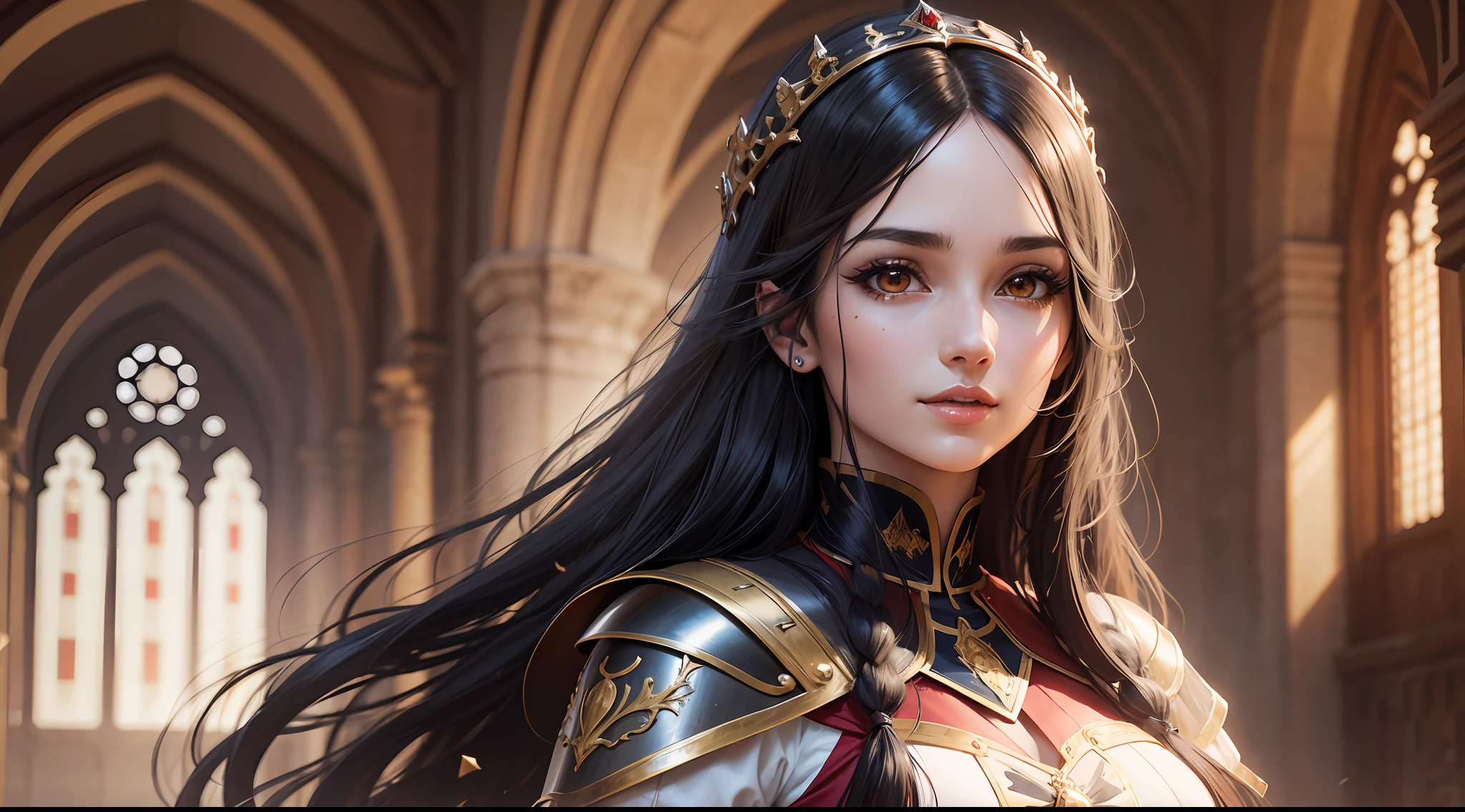 Anime Reference 88, medieval Spain, atmosphere, alone, woman, girl, full body, frontal, brown eyes, (long black hair), white and red costumes, realistic face details, realism, 3D face, pretty face, cinematic light, (perfect face, detailed face, shiny lips, eyeliner), ((gentle look)), smile