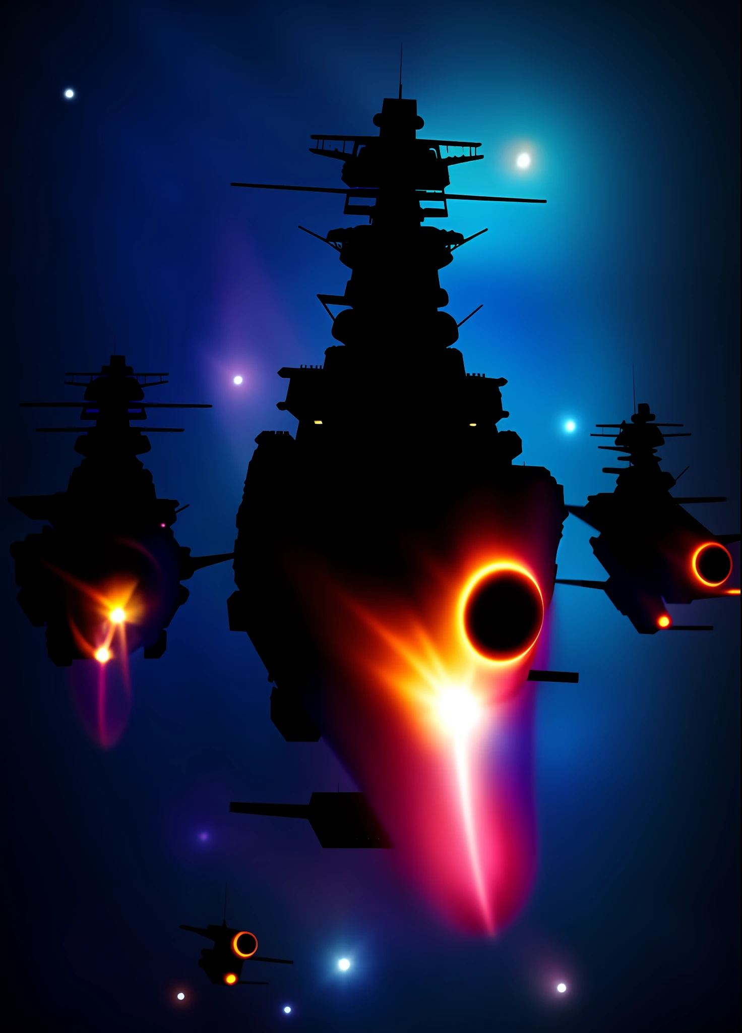 Large formation of space battleships centered on Space Battleship Yamato, nebula, watercolor, space background, intricate detail, cinematic lighting, hyperrealism, motion blur, shining light, godley, halftone, UHD, high detail, high quality, highest quality, 16k, HD, 1080P