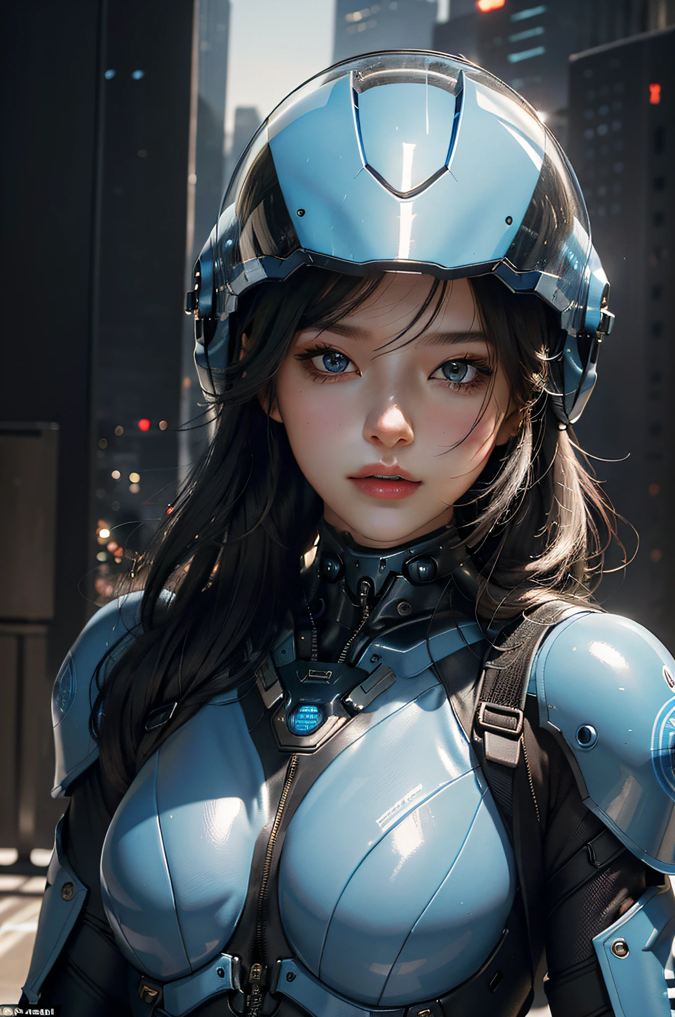 Best image quality, outstanding detail, ultra-high resolution, (realism: 1.4), best illustration, prefer details, highly condensed 1girl, delicate and beautiful face, dressed in black and blue mech, wearing a mech helmet, riding an air motorcycle, the background is a high-tech lighting scene of a futuristic city.