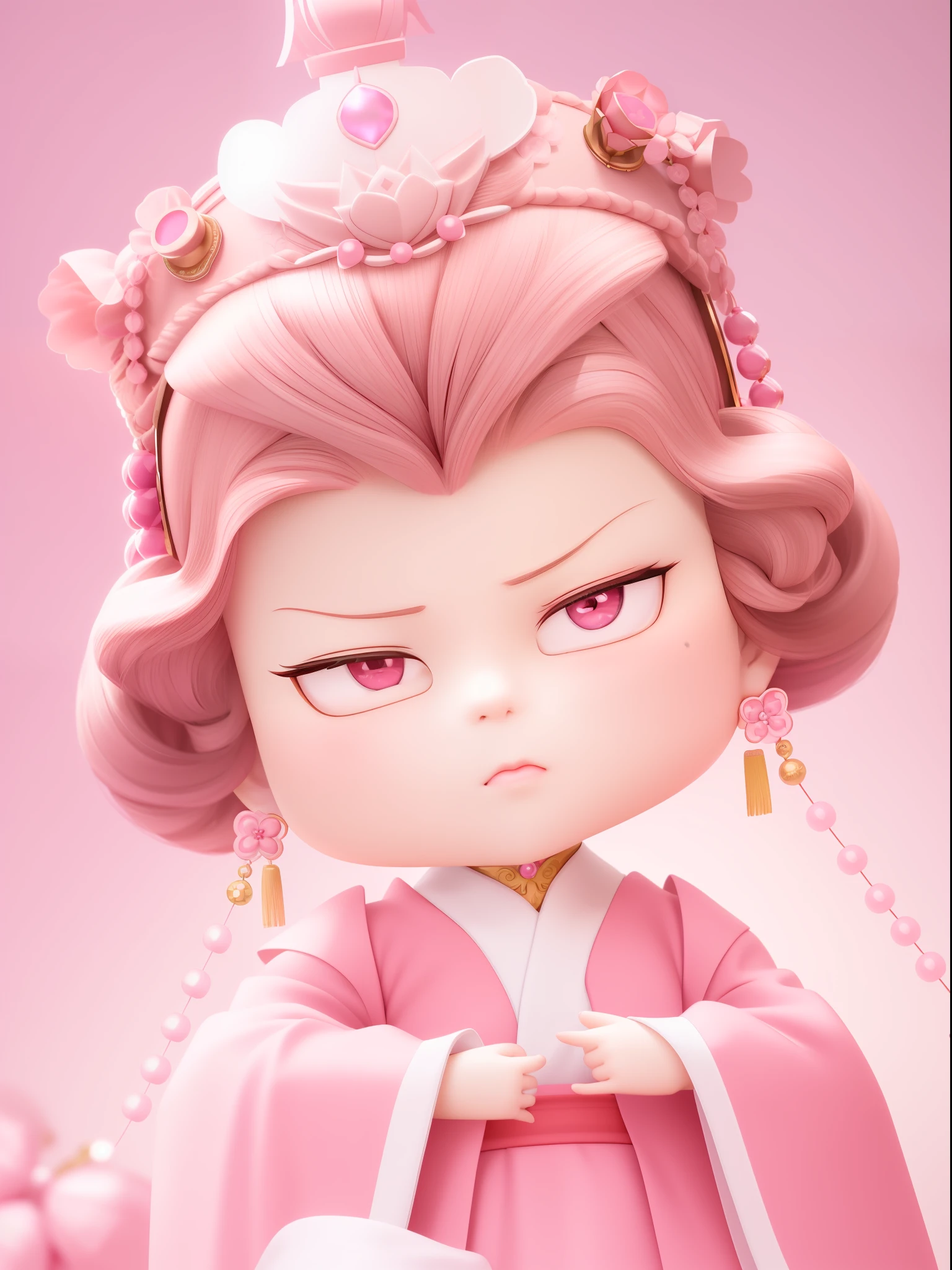 a close up of a doll with a pink dress and a crown, chinese princess, adorable digital painting, inspired by Pu Hua, cute 3 d render, cute detailed digital art, angry look, frowning, evil princess, chinese empress, cgsociety ), beautiful grumpy girl, 3 d cg, 3d cg, by Yu Zhiding, frowning expression