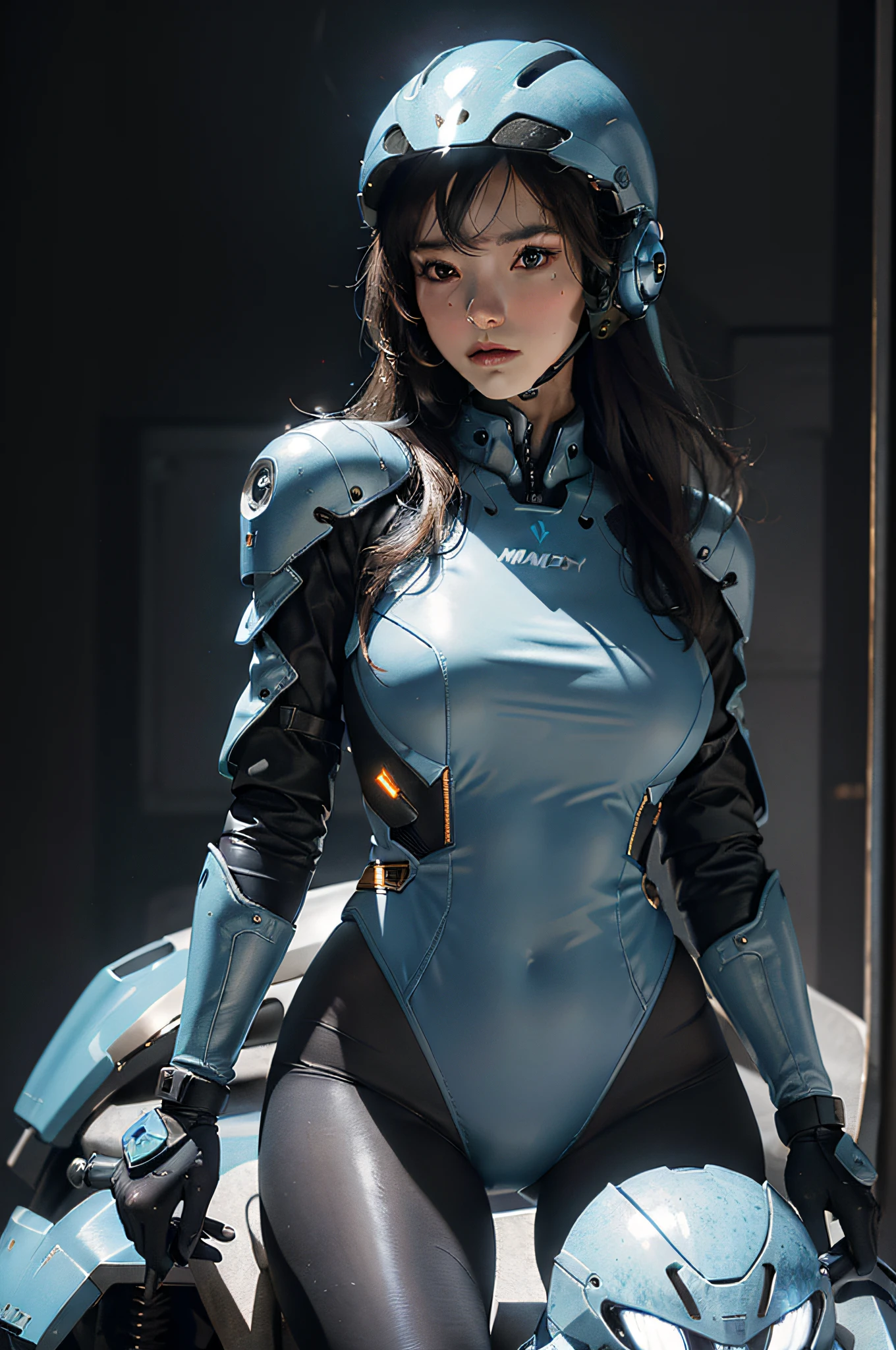 Best image quality, outstanding detail, ultra-high resolution, (realism: 1.4), best illustration, prefer details, highly condensed 1girl, delicate and beautiful face, dressed in black and blue mech, wearing a mech helmet, riding an air motorcycle, the background is a high-tech lighting scene of a futuristic city.