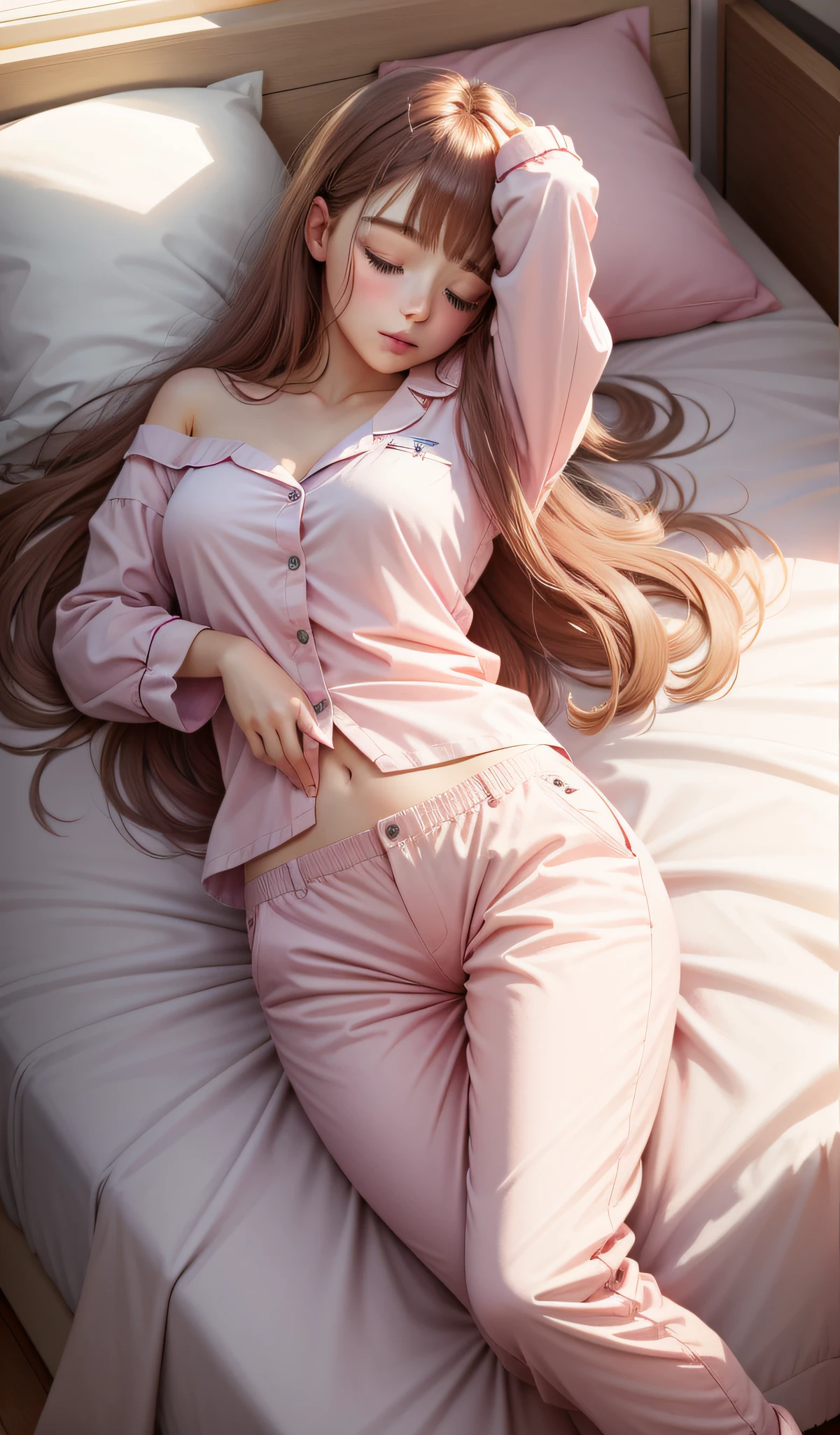 Sleeping girl, 22 years old, realistic, she is wearing long pants, she is wearing pink pajama, brown hair.