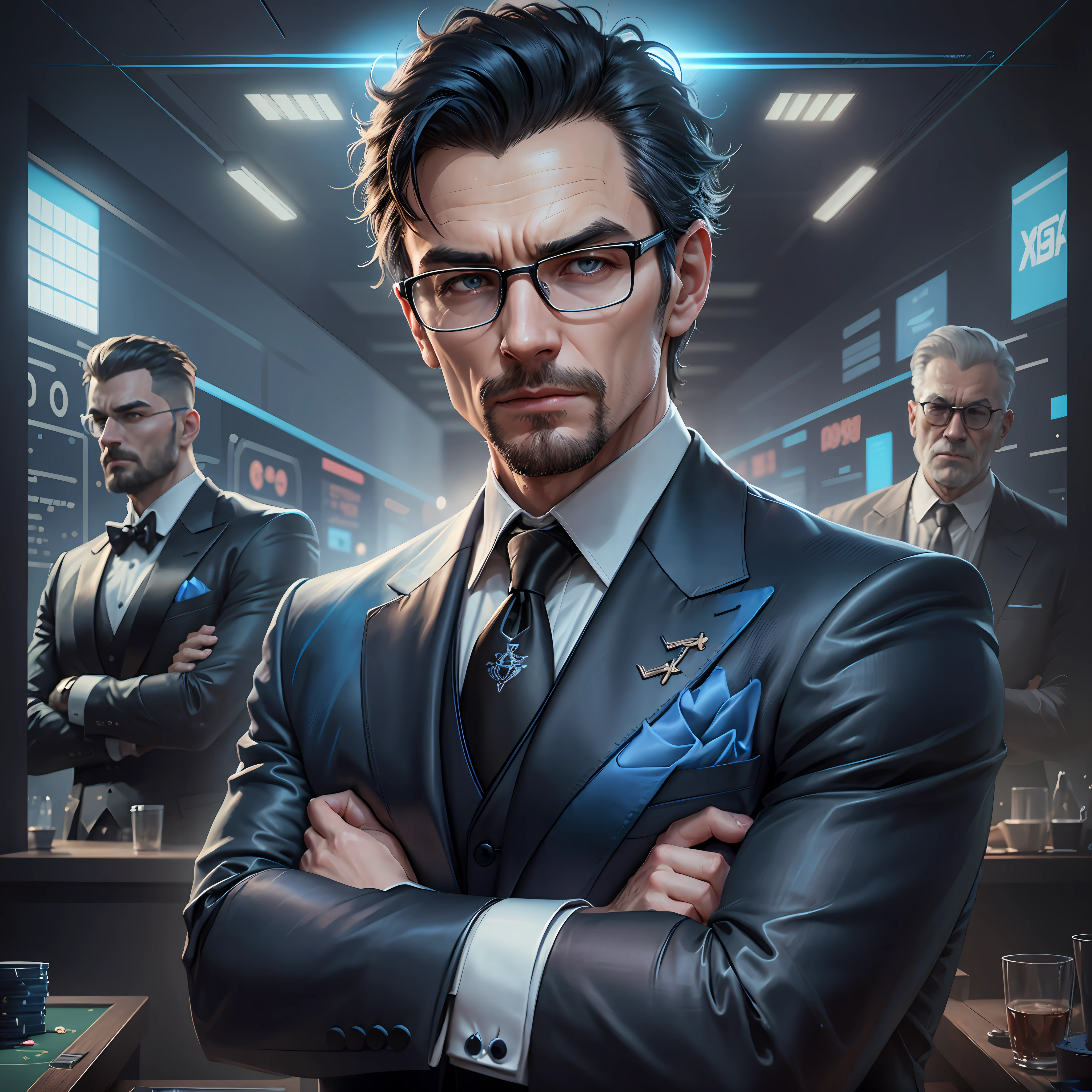 League, (men in tuxedos, arms crossed on chest), poker, income, dark blue background, (numbers, charts), realism, (high-quality digital concept art, CG artist, 8K character renderings) --auto --s2