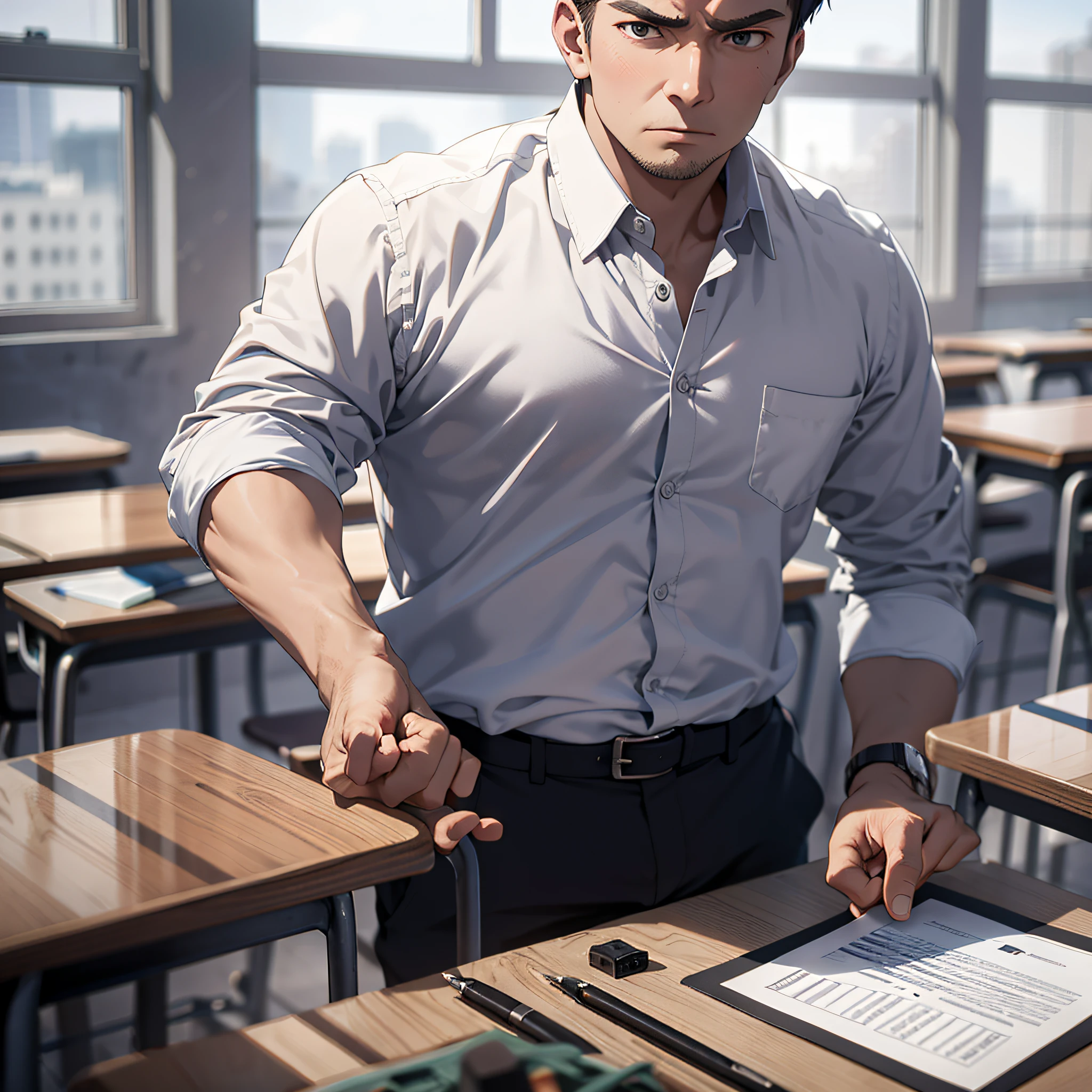 Absurd resolution, high resolution, (masterpiece: 1.4), hyperdetail, 1boy, face focus, middle-aged man, teacher outfit, classroom, angry expression, suit shirt