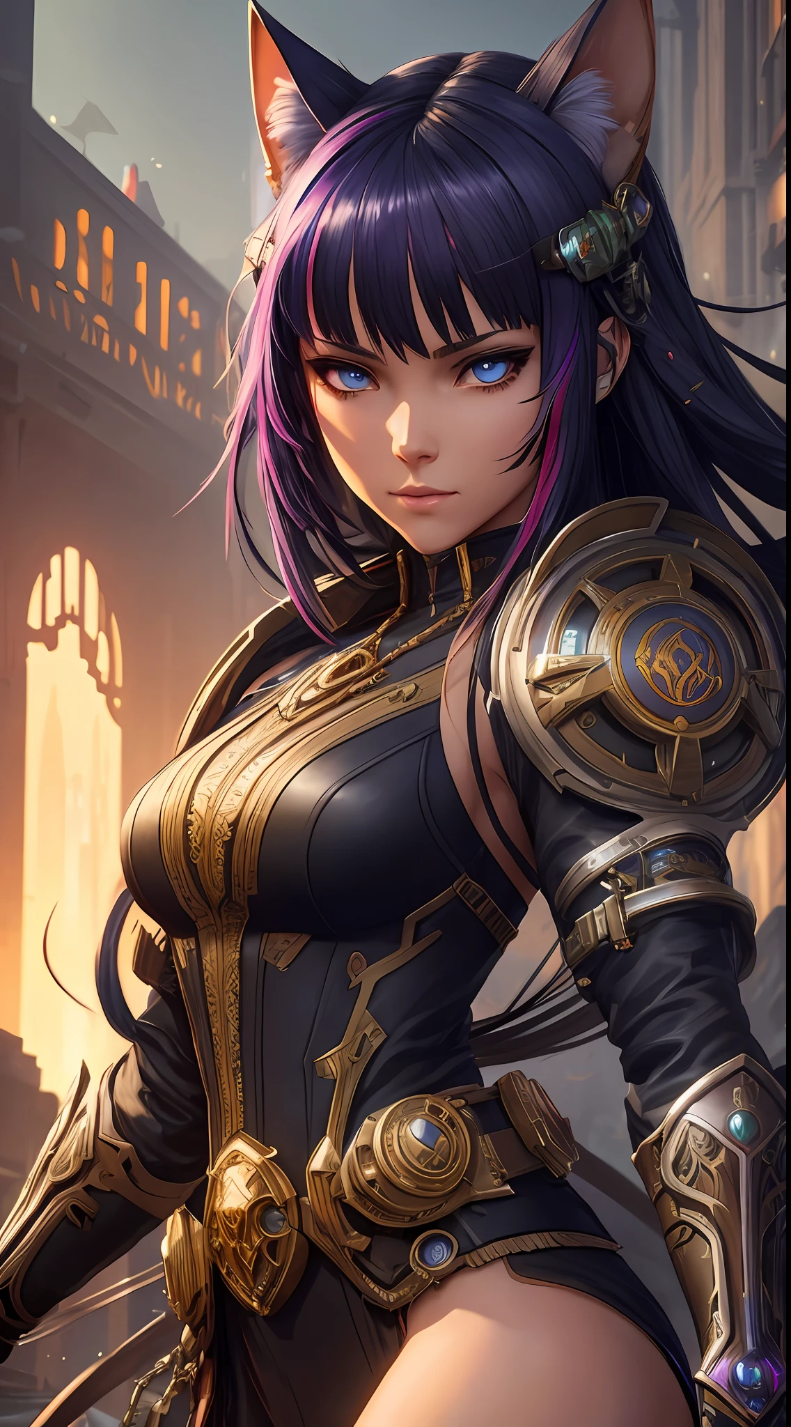 /imagine prompt:Insanely detailed photograph of a beautiful cyberpunk Nekomata catgirl, fringe and bangs multicolor hairstyle, intricate eyes, goggles, one face, cyber armor, hyperdetailed painting, 32k resolution concept art by Greg Rutkowski, Artgerm, WLOP, Alphonse Mucha dynamic lighting hyperdetailed intricately detailed Splash art trending on Artstation triadic colors Unreal Engine 5 volumetric lighting
