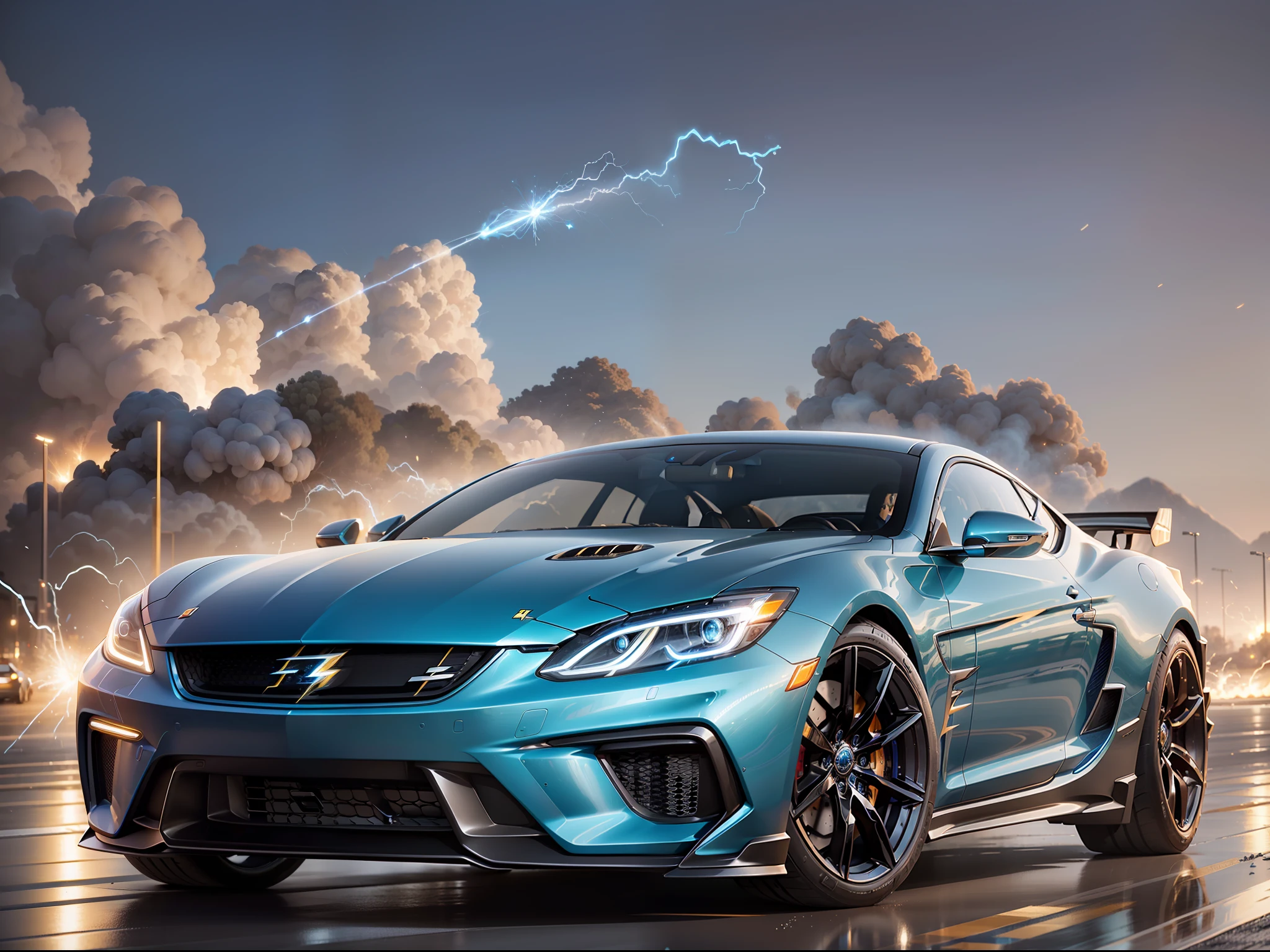 (luxury car), (blue and black lightning particles emitting around), 3D rendering, movie special effects, movie lighting, background road, clear HD, 8K resolution, very detailed, digital painting, concept art, Shinkai Makoto style, pop popularization trend, pop, pop trend, pop trend.