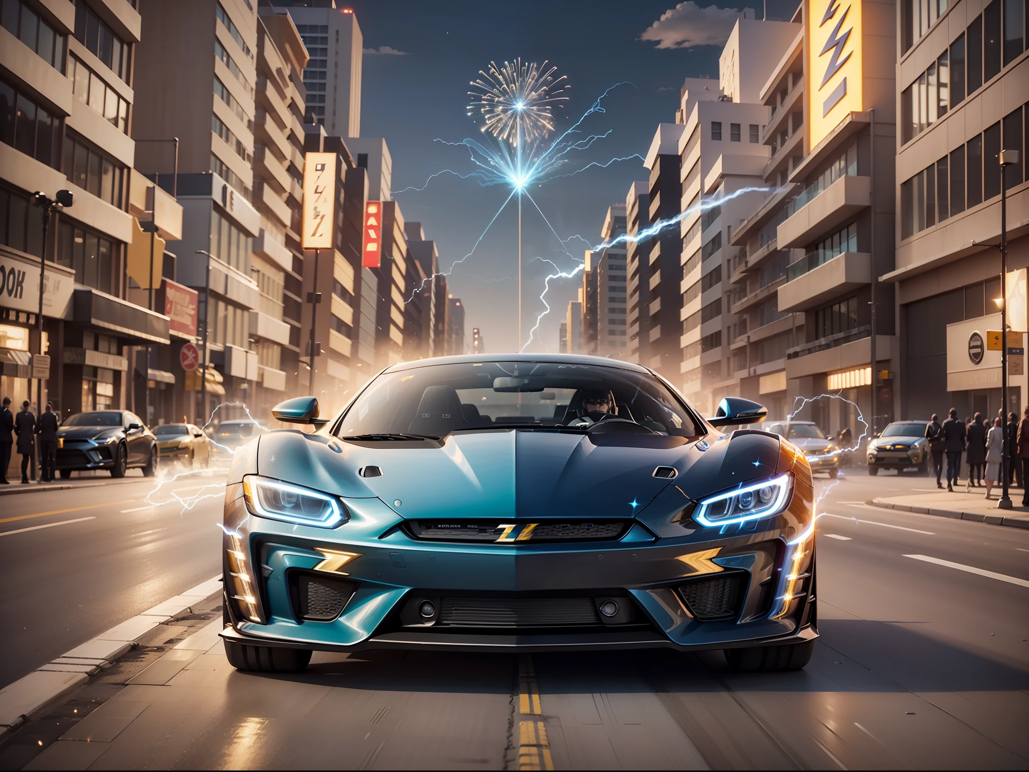 (luxury car), (blue and black lightning particles emitting around), 3D rendering, movie special effects, movie lighting, background road, clear HD, 8K resolution, very detailed, digital painting, concept art, Shinkai Makoto style, pop popularization trend, pop, pop trend, pop trend.